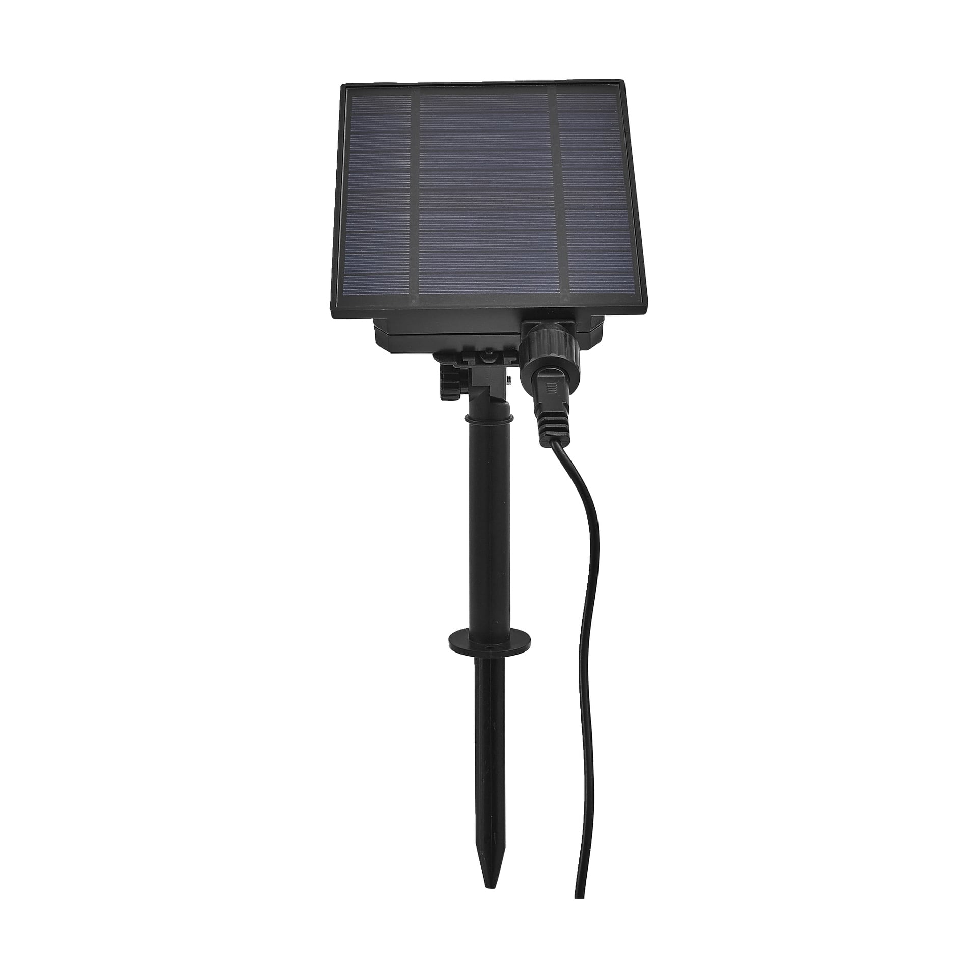 Anslutin Solar LED -kattolampussa on suorakaiteen muotoinen aurinkopaneeli mustalla muovitikulla, jossa on sähköjohto ja pistorasia. Sopii ulkoasennukseen maahan.