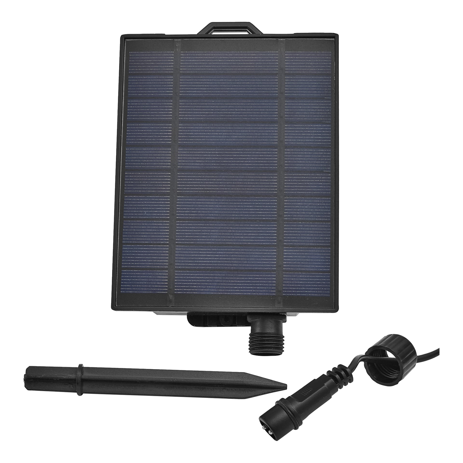 Anslut Solar LED -kattolamppusarjassa on suorakaiteen muotoinen paneeli, jossa on ruudukkoviivoja, musta maadoituskeila ja liitinkaapeli, jossa on ruuvikorkki.