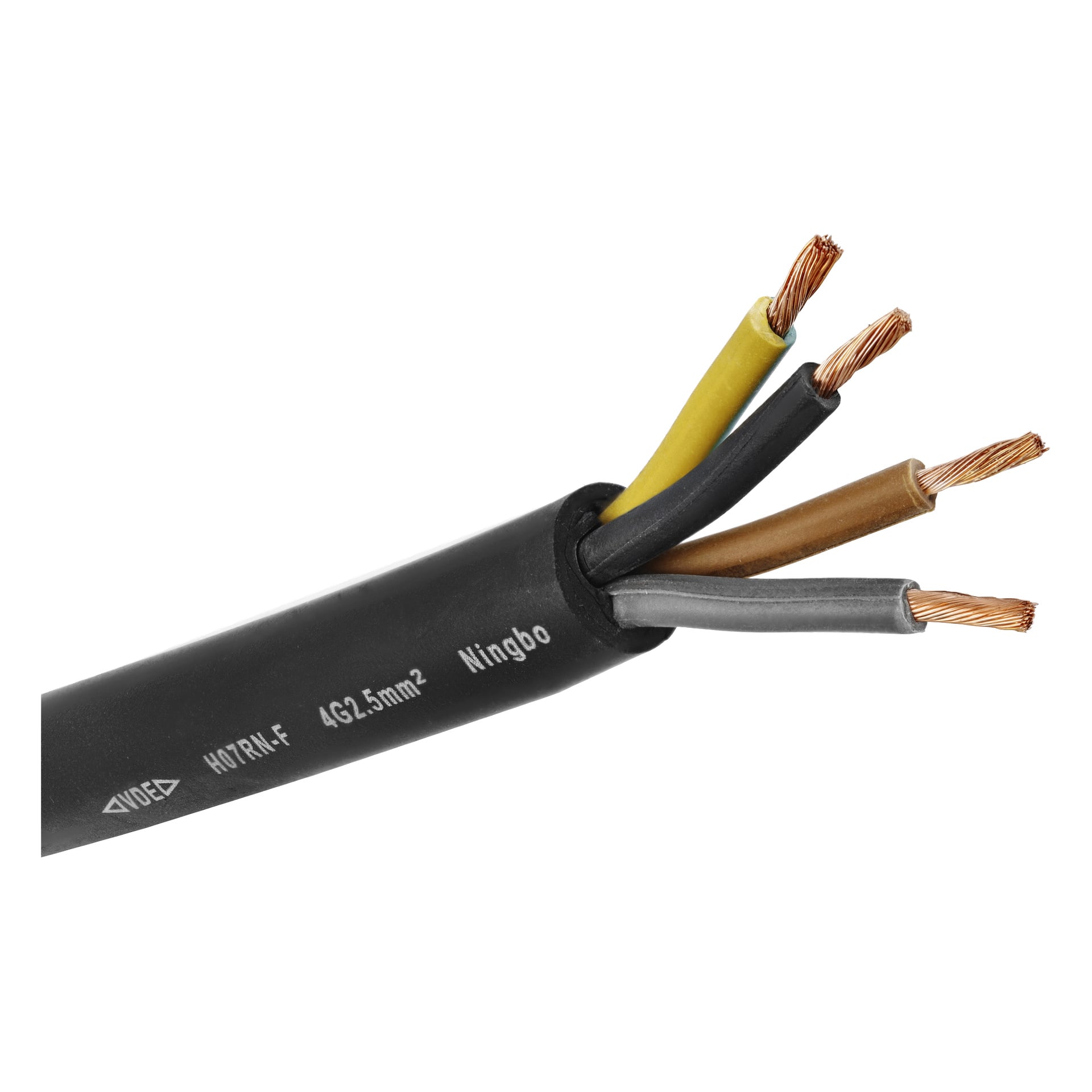 Detaljert bilde av en svart Anslut RDOE-kabel med skåret tilbake, som eksponerer gulgrønne, svarte, brune og grå kobberledninger.