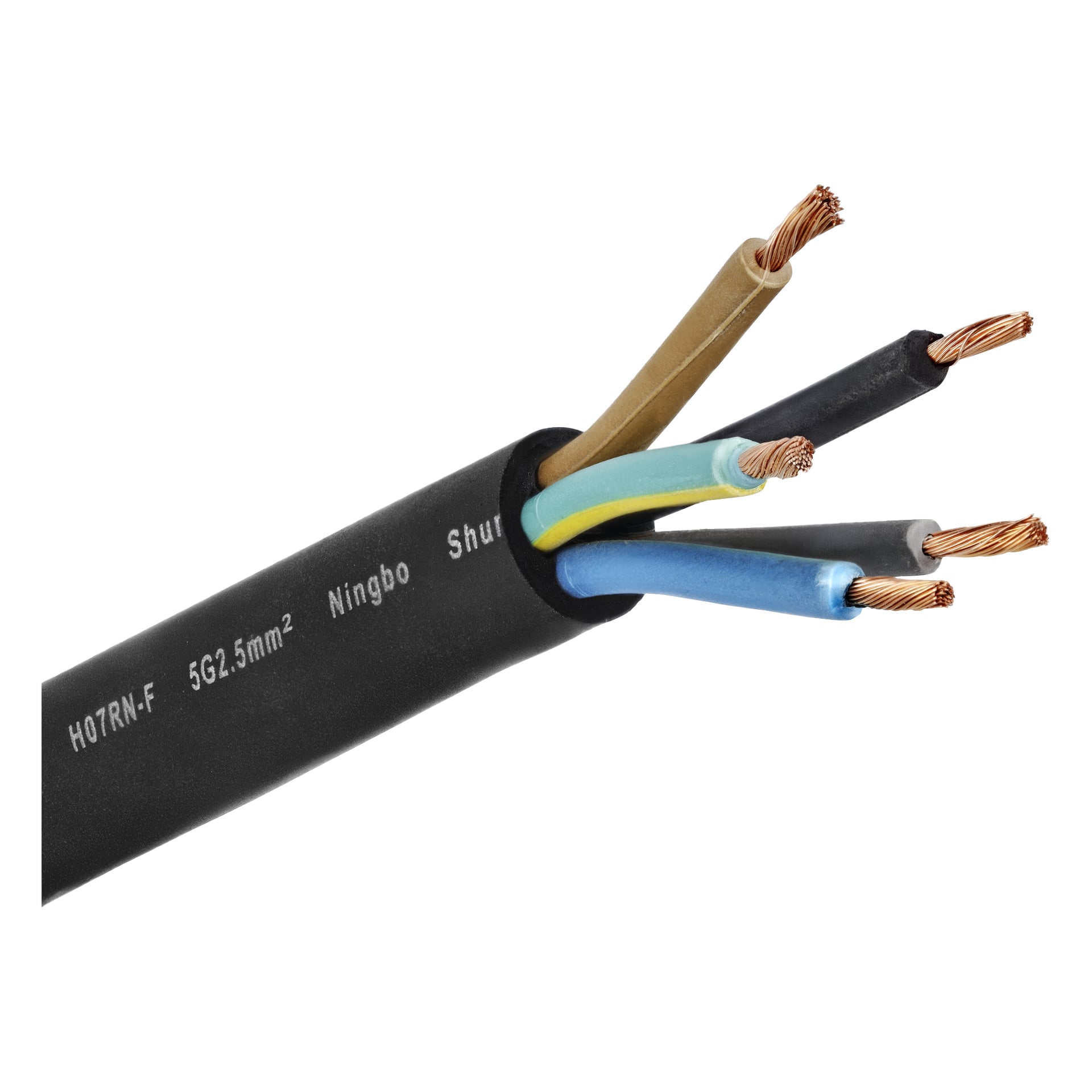 Närbild på en Anslut RDOE-kabel med svart omslag, vit alfanumerisk text och fem exponerade koppartrådar i färgad isolering.