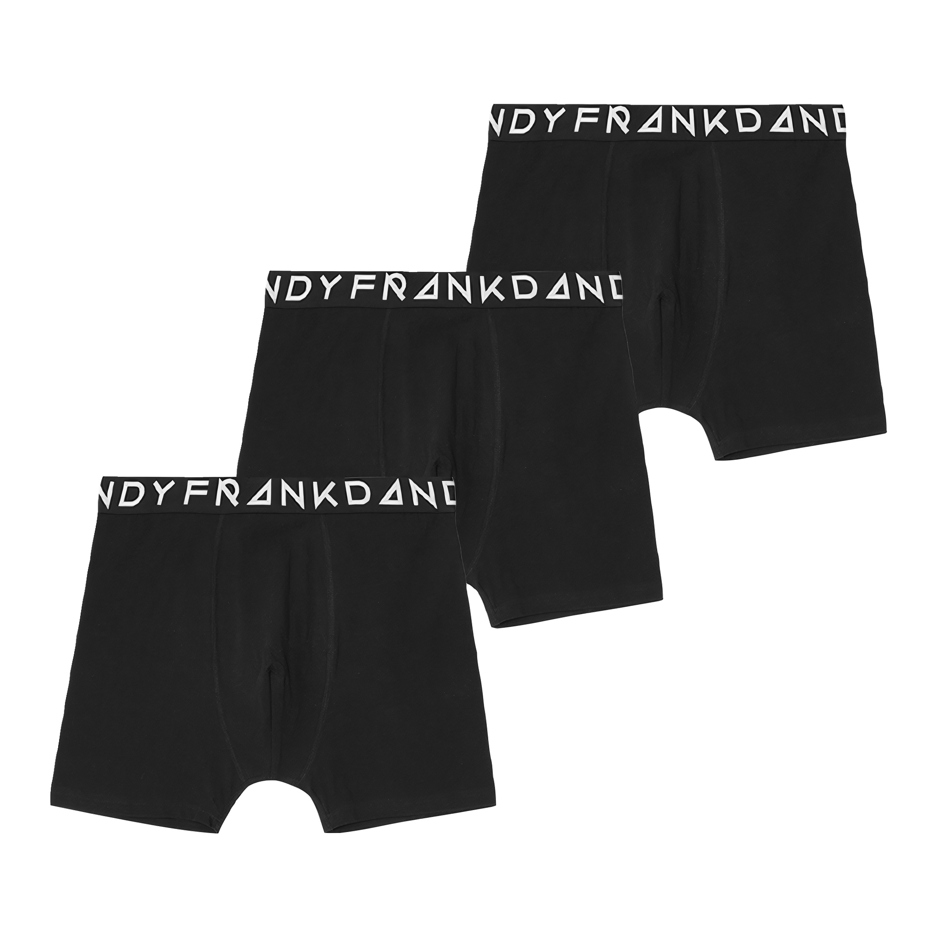 Tre svarta Frank Dandy-boxershorts med vita "FRANKDANDY"-loggor på midjebanden, arrangerade platt i ett set om tre.