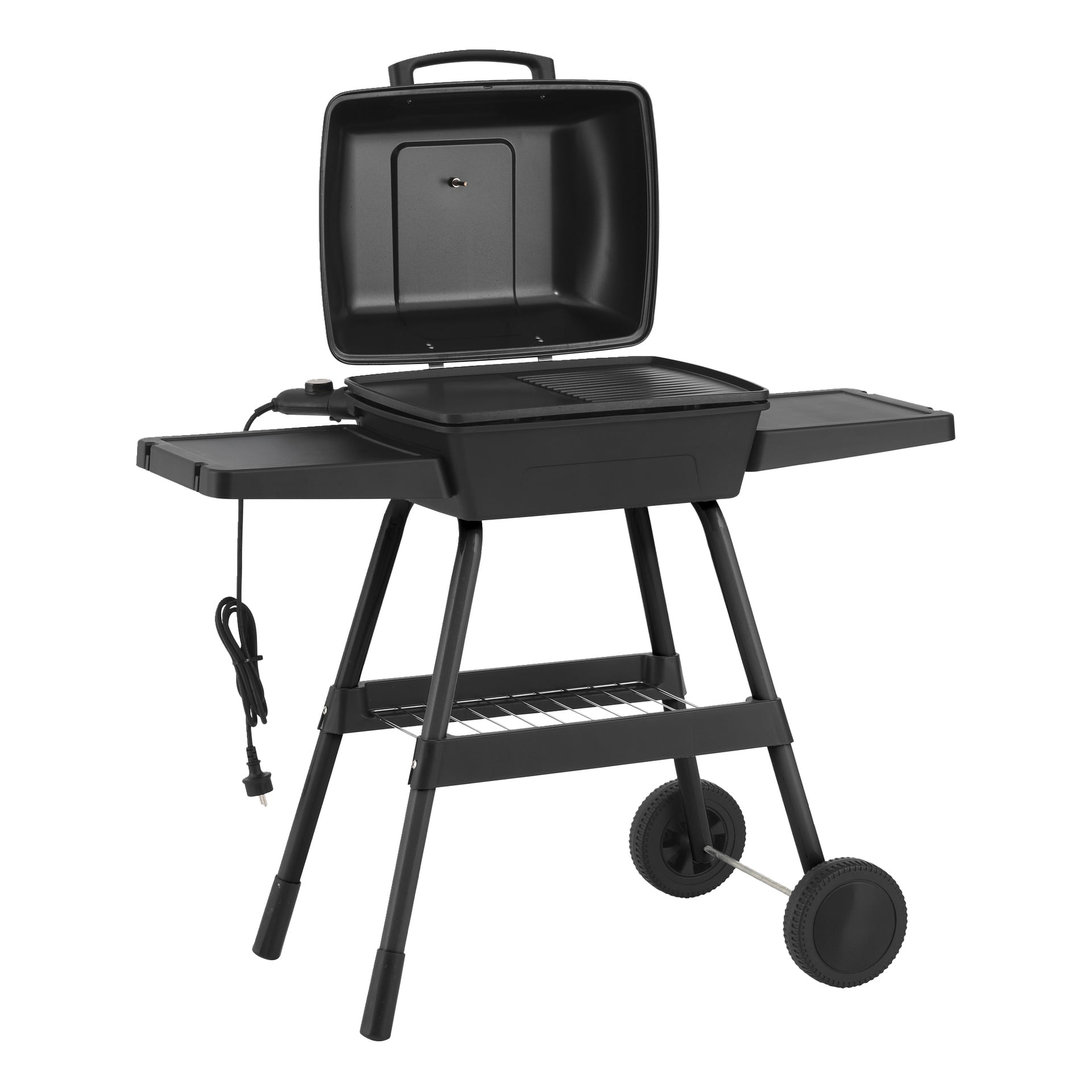En svart Burns & Barkles portabel elektrisk grill med öppet lock, spishäll, fyrben, två hjul, hyllor, ställ och strömkabel.