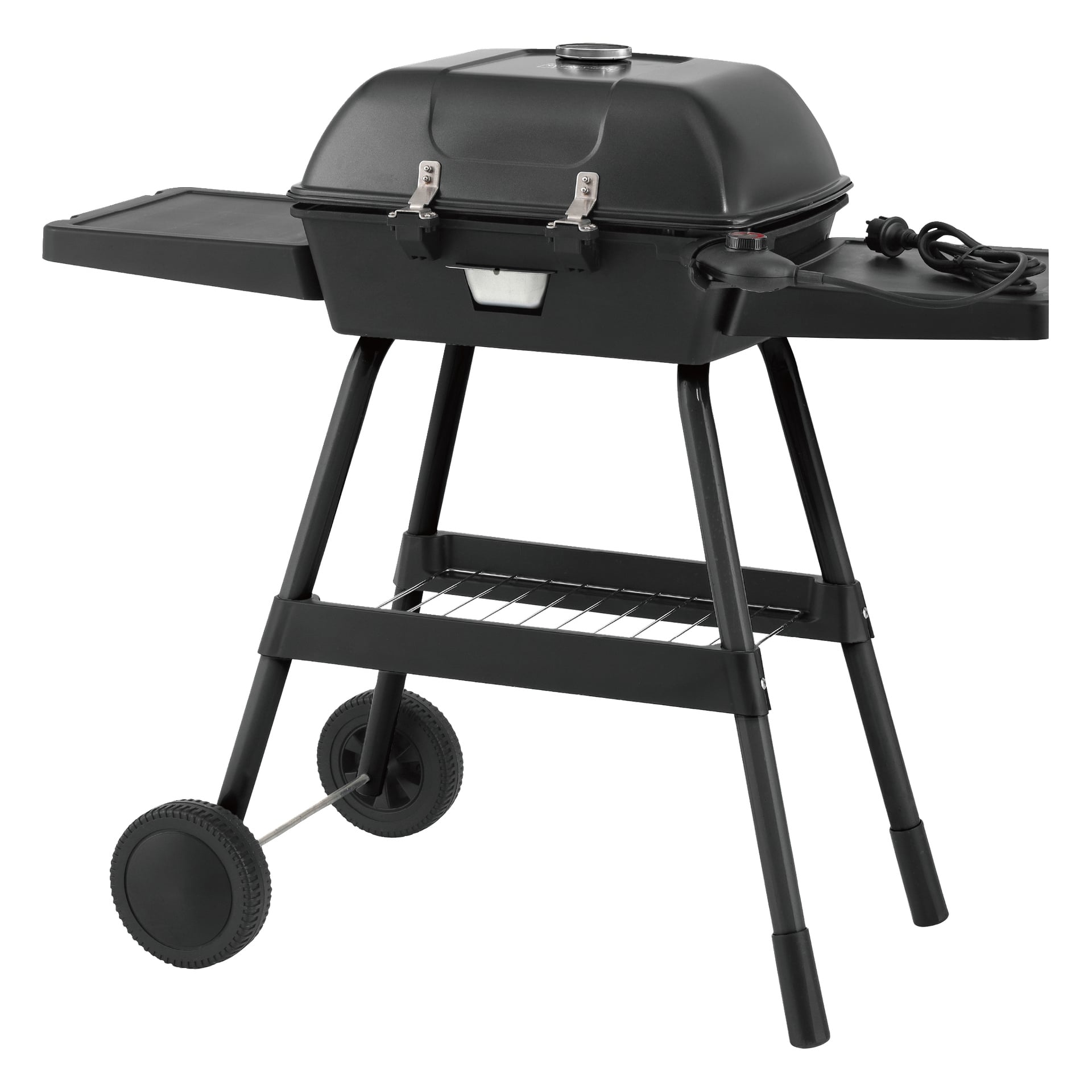 Burns & Barkles portabla elektriska grill är svart, med stängt lock, sidohyllor, trådställning under, två hjul och fyra ben.