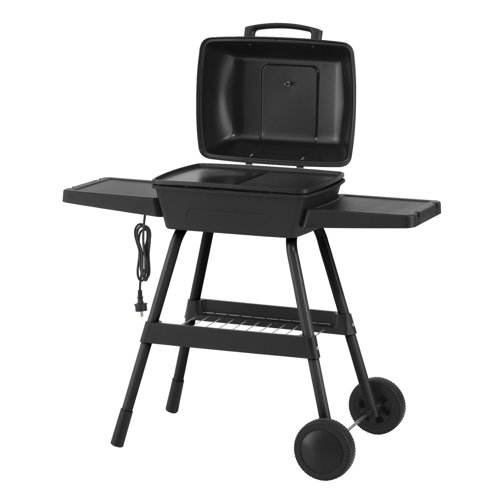 Burns & Barkles portabel elektrisk grill med svart finish, gångjärnsförsedd lock, sidohyllor, förvaringsställ, två hjul och fyra ben.