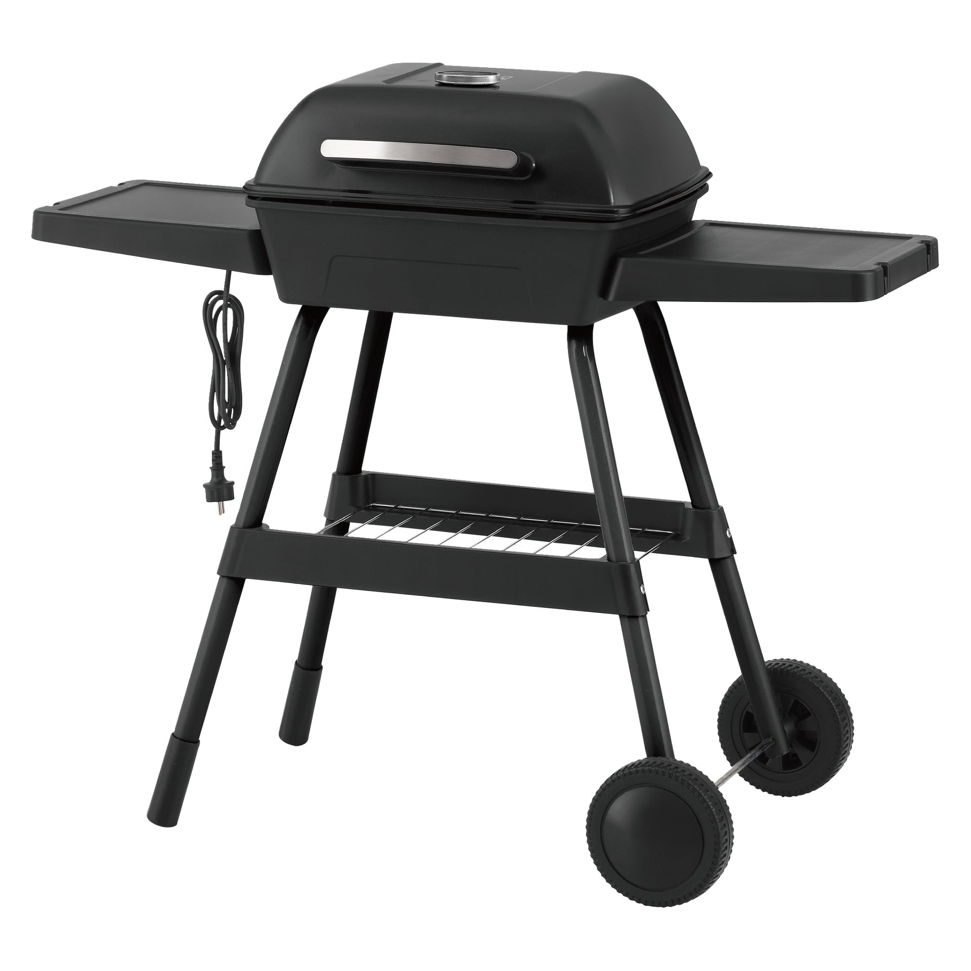 Burns & Barkles Portabel elektrisk grill, svart med stängt lock, sidohyllor, nedersta ställ, två hjul och strömkabel på vänster sida.