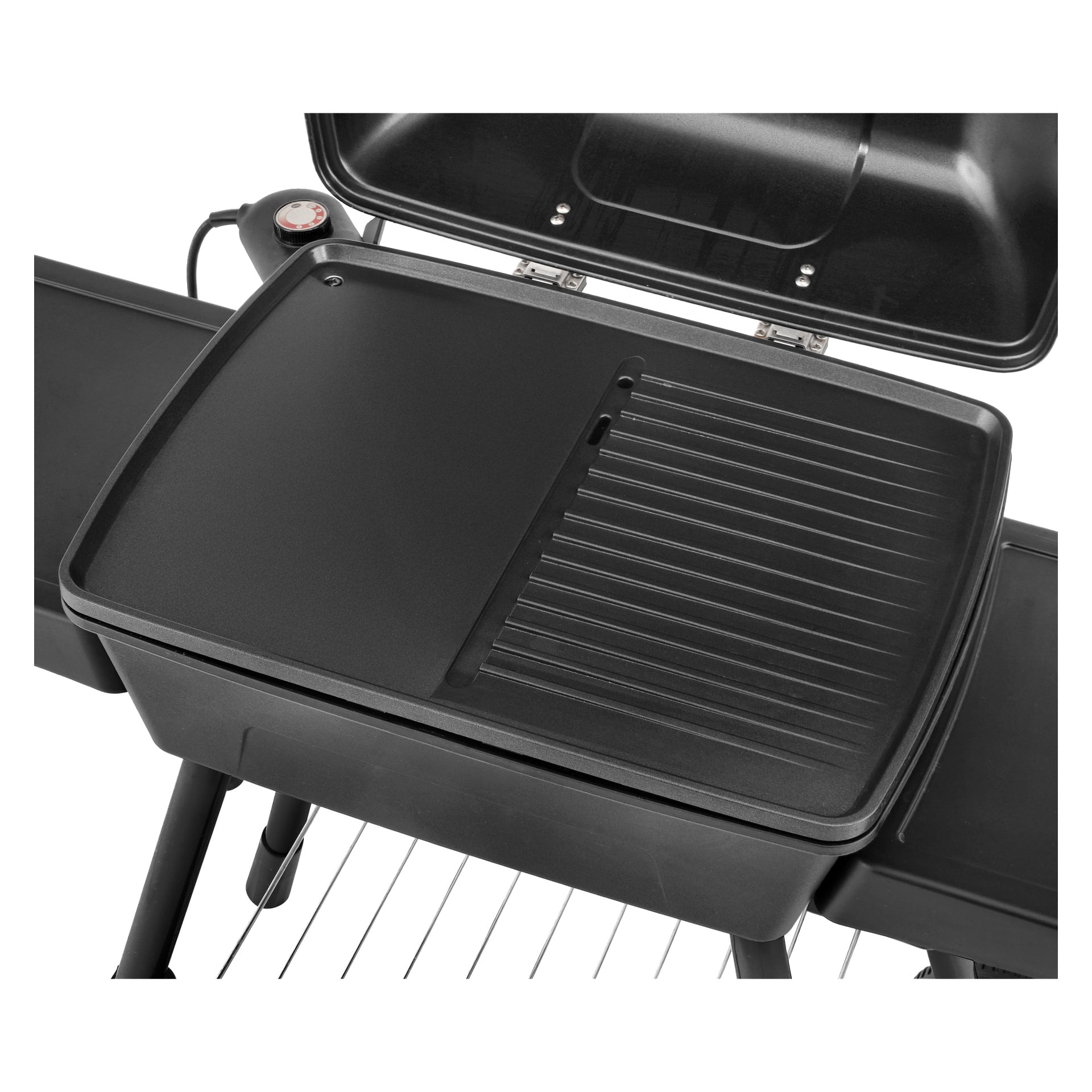Burns & Barkles portabla elektriska grill har en svart rektangulär grill med både platta och räfflade ytor, på ett stativ med hyllor.