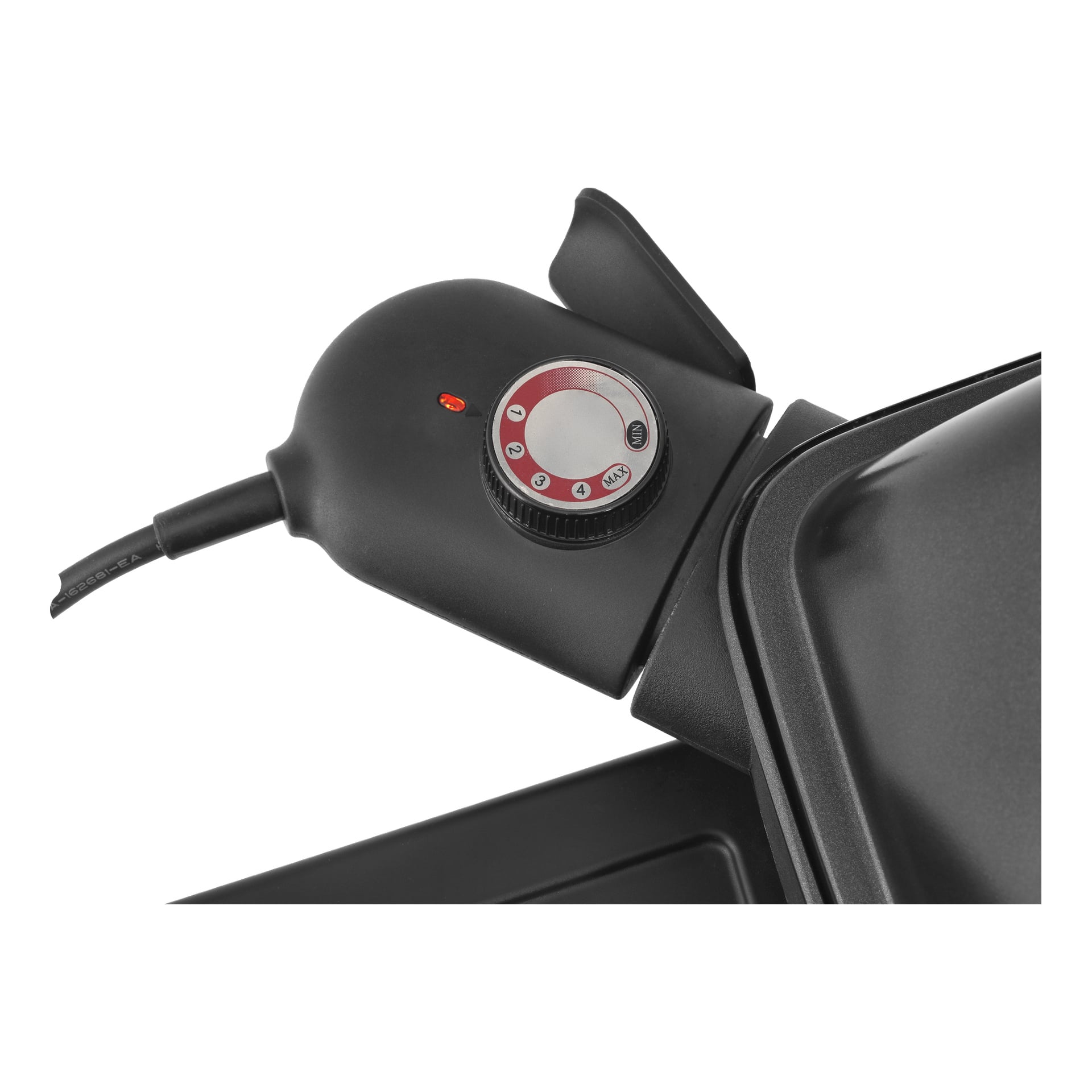 Detaljvy av Burns & Barkles portabla elektriska grills ratta med röd indikatorlampa, 1–5 siffror, sladd och sidofäste.