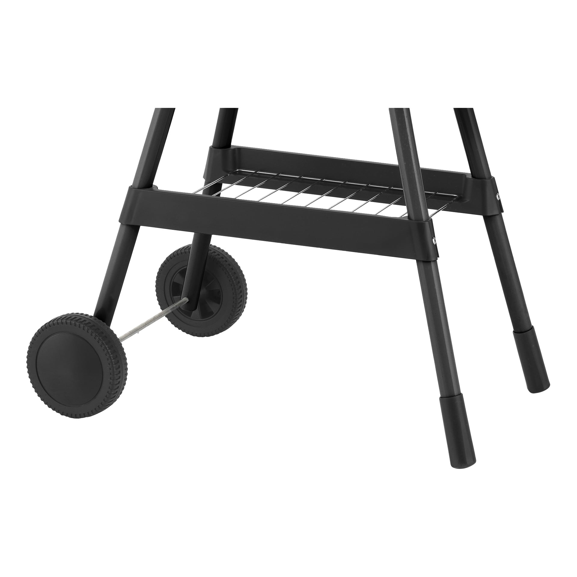 Detaljerad vy av botten på en Burns & Barkles Portable elektrisk grill, med två ben, två hjul och en hylla emellan.