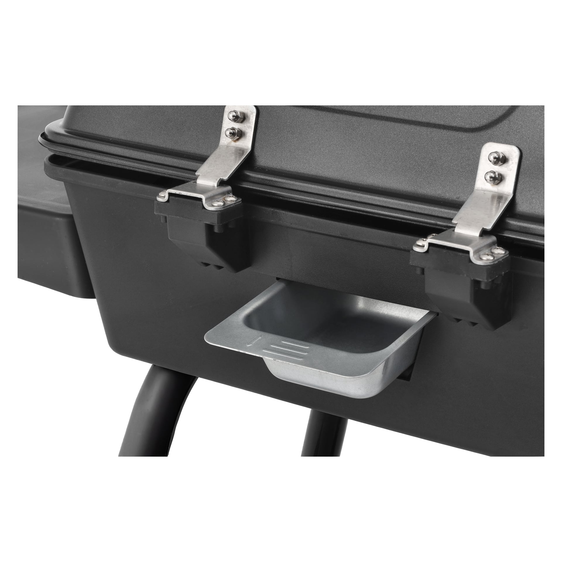 Burns & Barkles Portabel elektrisk grill i svart, visad på nära håll med två metalllås och en liten bricka under.