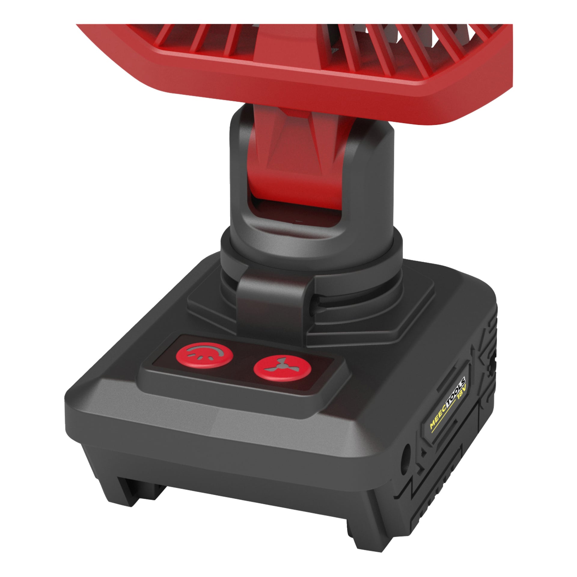 Närbild på Meec Tools Multiseries Fan FA-18V HOME 300-bas med röd och svart design, två knappar och logotyp till höger.