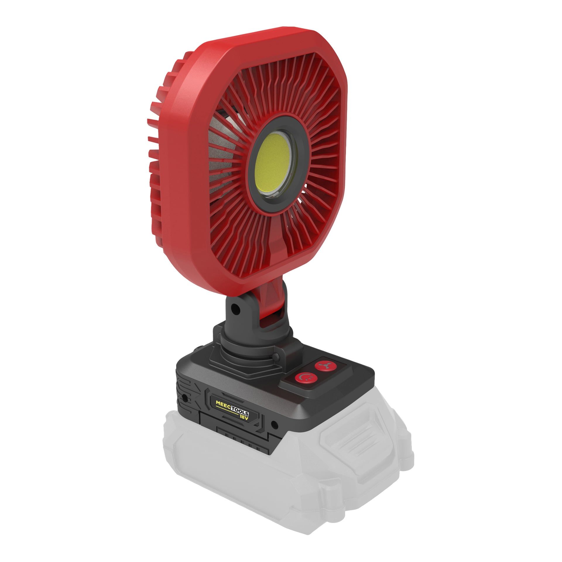 Meec Tools Multiseries Fan FA-18V HOME 300 har en röd och svart kaross, fyrkantig grill, två basknappar och grått batterifäste.