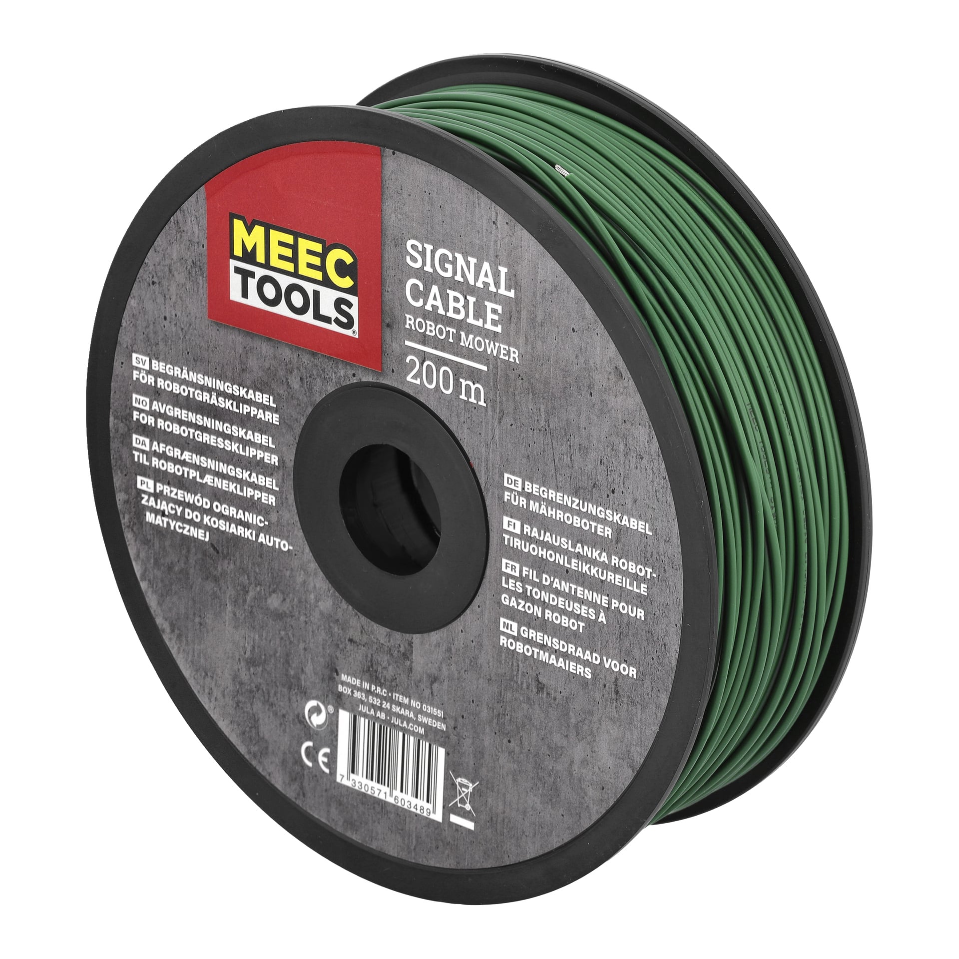 En spole grönsignalkabel märkt MEEC Tools Signal Cable Robot Mower 200 m, med produktdetaljer på sidan.