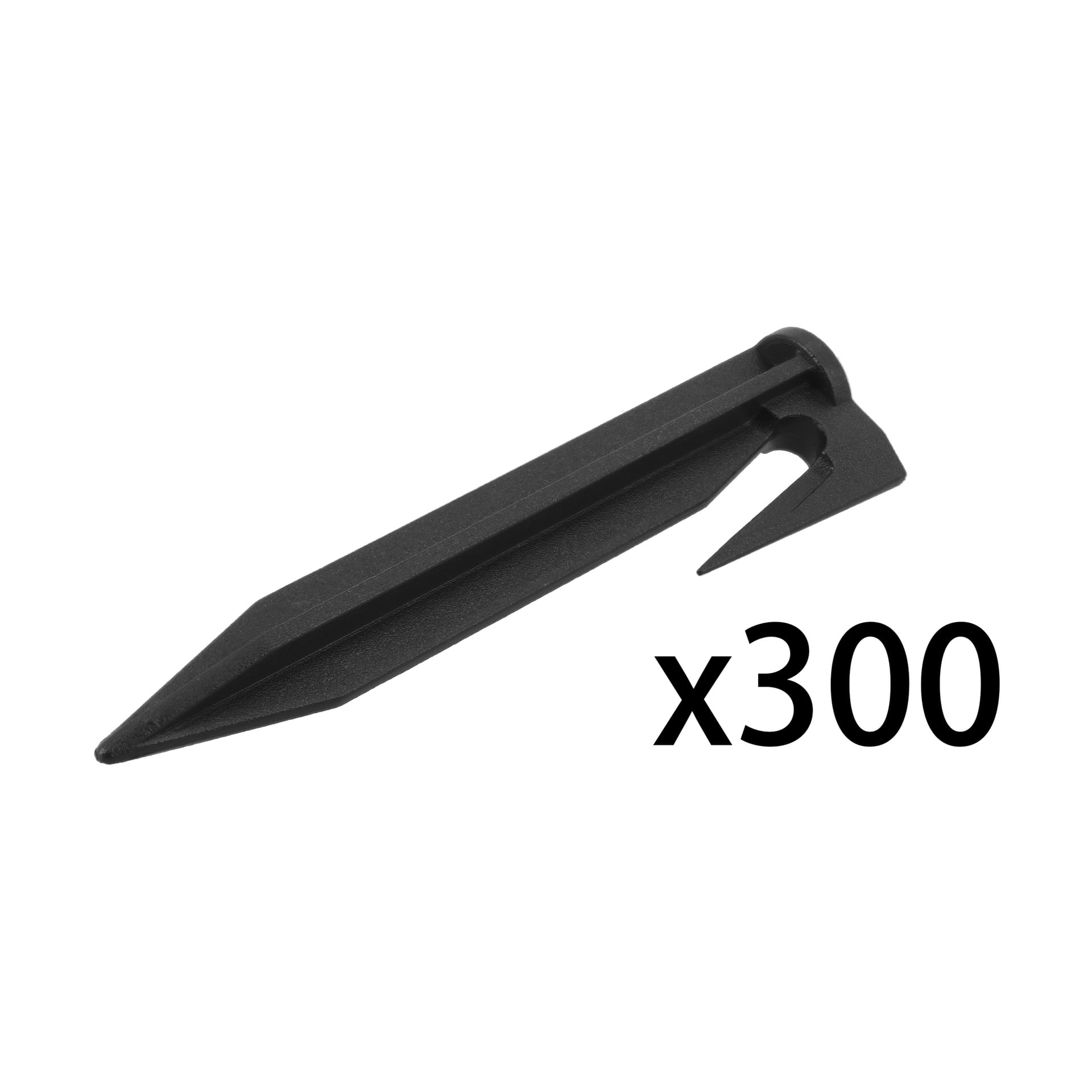 En svart plastpåle på marken är avbildad med "x300" bredvid, vilket symboliserar ett paket med 300-pålar.