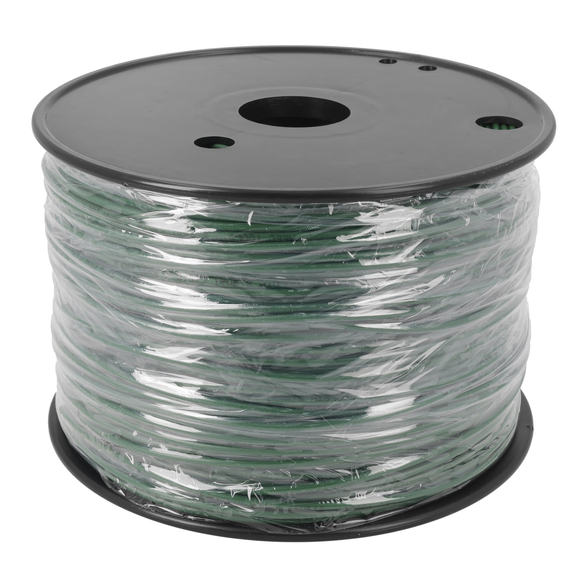 En stor spole grön tråd innesluten i klar plast, med svarta plastrullar upptill och nertill.