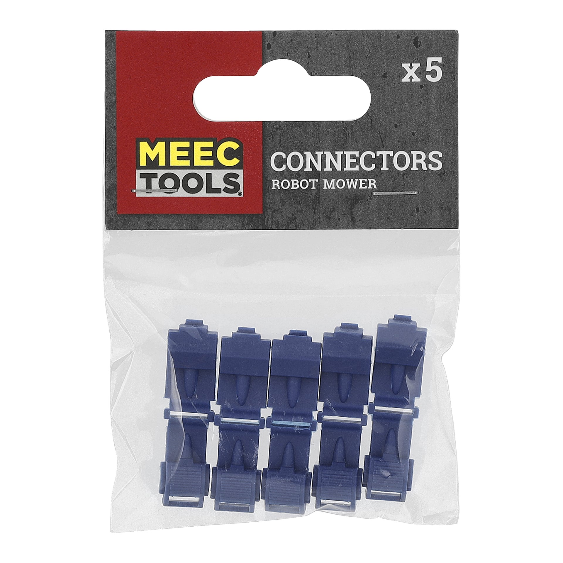 MEEC TOOLS robotgräsklipparkontakter, fem blå plastbitar i en genomskinlig påse med en märkt pappöverliggande överligg.