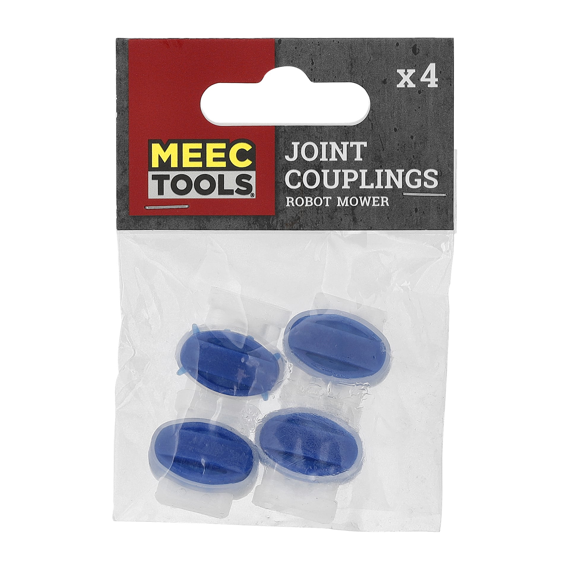 En genomskinlig plastpåse rymmer fyra blå ovala ledkopplingar för en robotgräsklippare, förpackningen lyder MEEC TOOLS Joint Couplings x4.