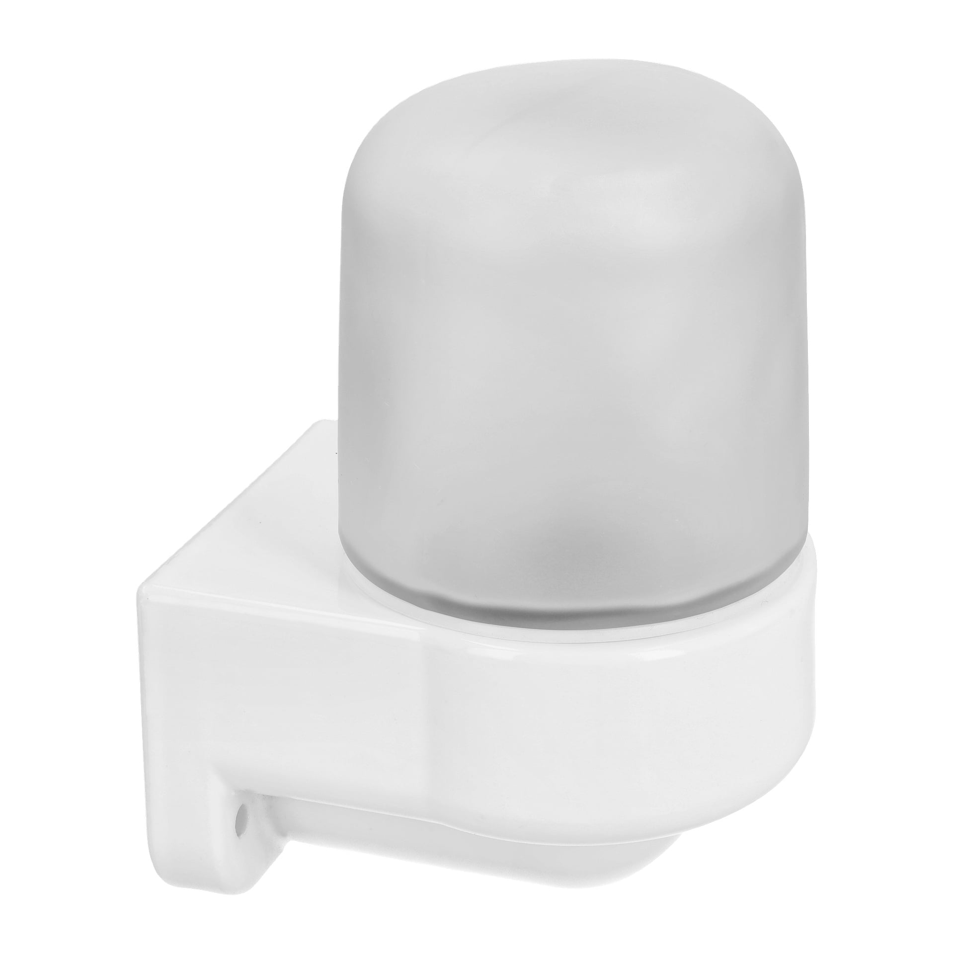 En vit väggmonterad EKVIP Sauna-lampa har ett frostat cylindriskt lock och en vinklad, rektangulär plastbas.