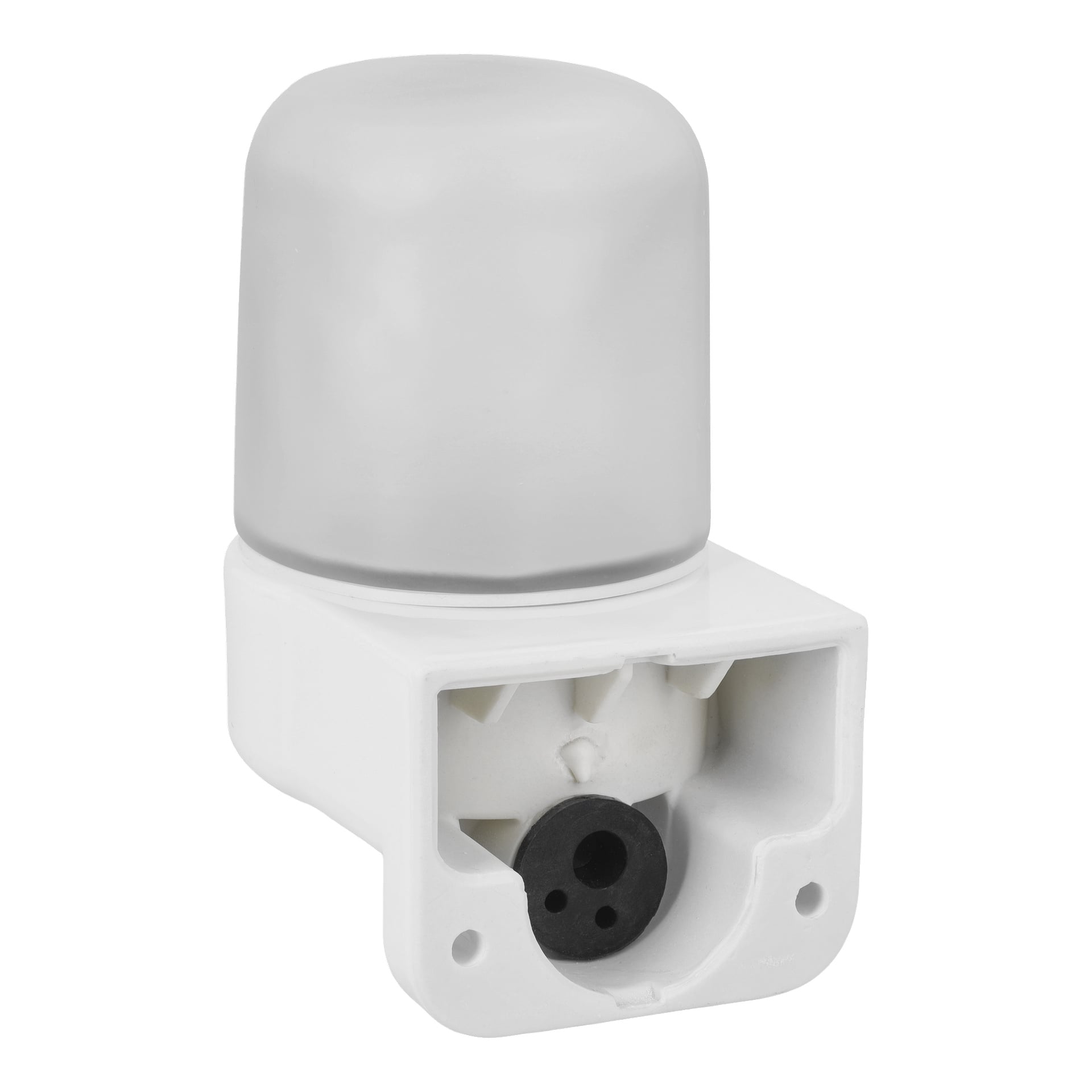 Vit EKVIP bastulampa med frostad grå lock, öppen framsida som visar en svart cirkulär del med hål inuti.