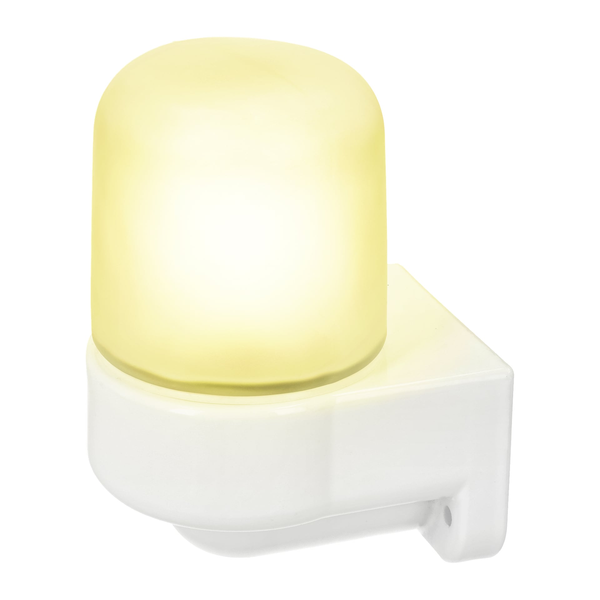 Väggmonterad EKVIP Sauna LED-nattlampa med ett rundat gult frostat lock och vit bas, mjukt glödande.