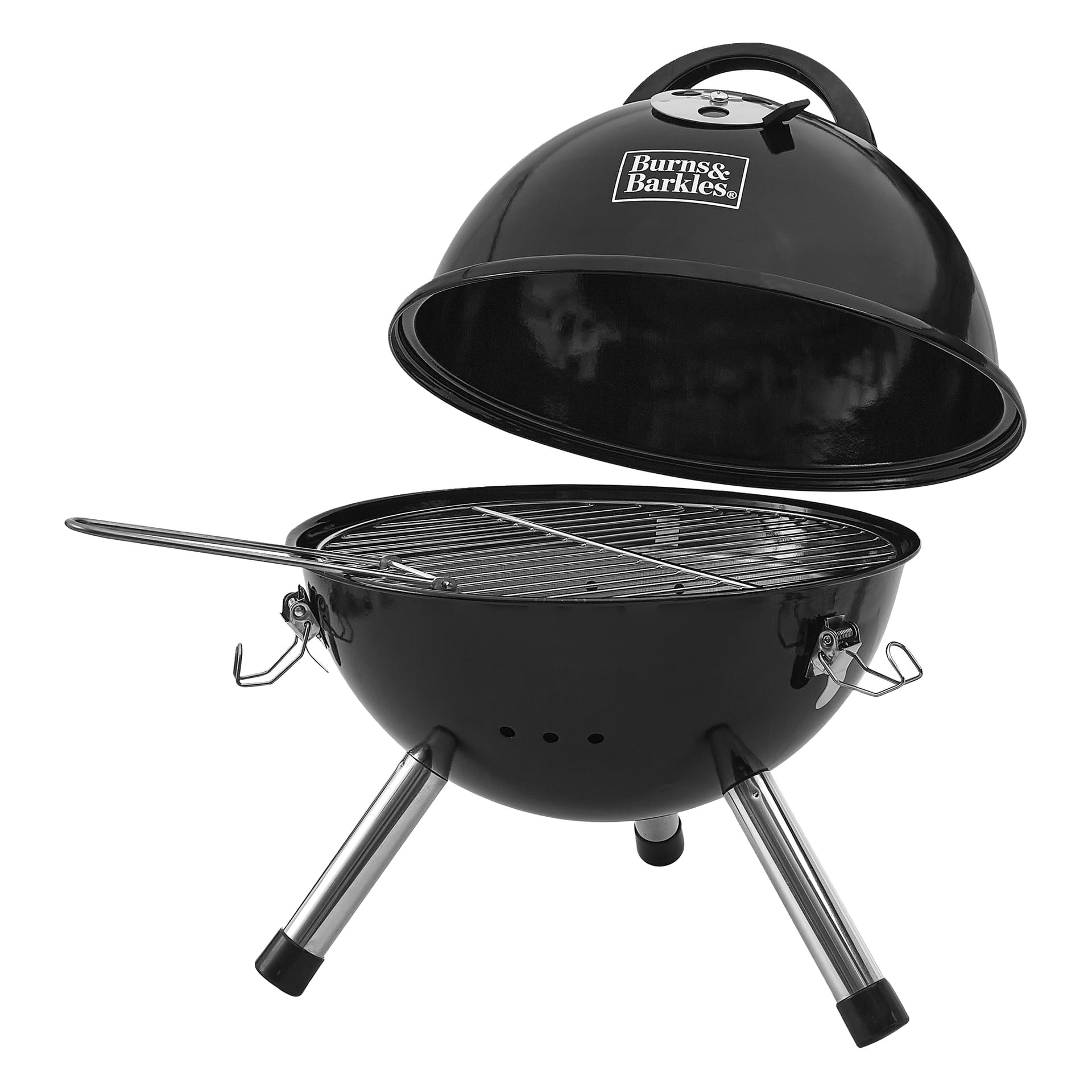, kopułowy grill węglowy Burns & Barkles Coal King 290 z nogami ze stali nierdzewnej, otwartą pokrywą i logo marki na pokrywie.