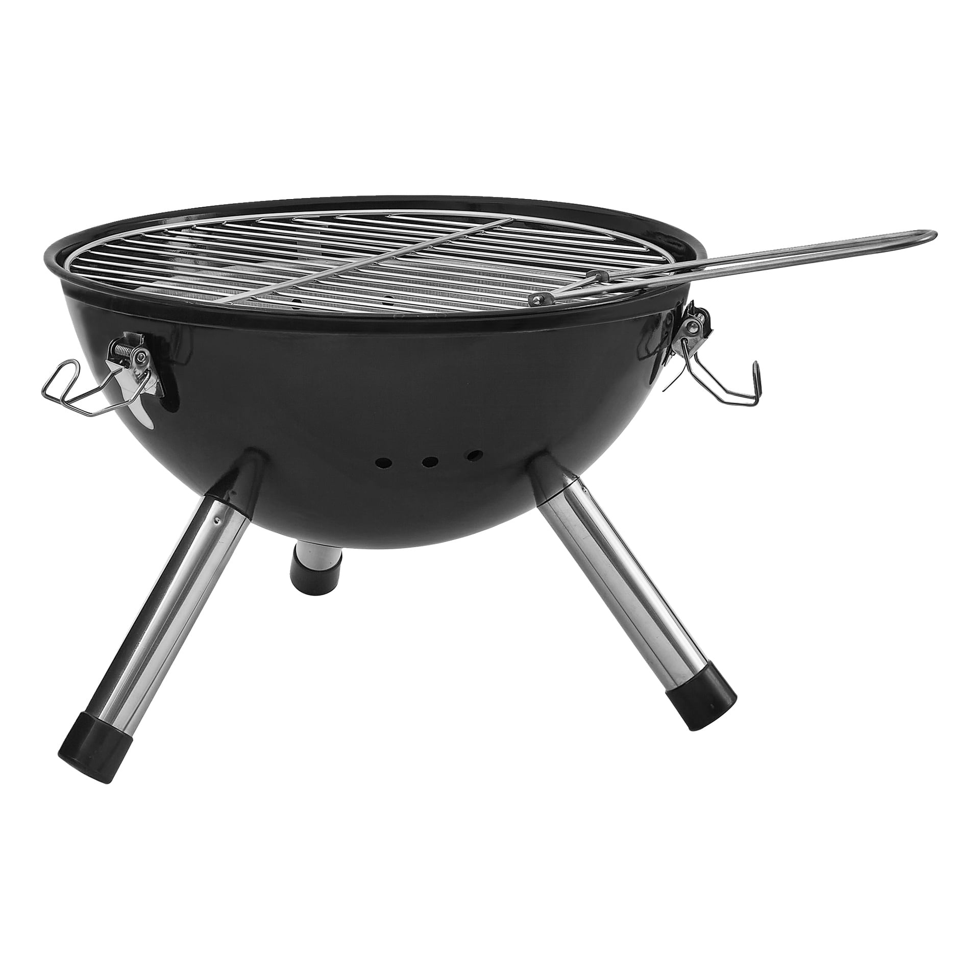 Okrągły grill Burns & Barkles Coal King 290 z trzema metalowymi nogami, chromowaną kratką, dwoma bocznymi zatrzaskami i uchwytem.
