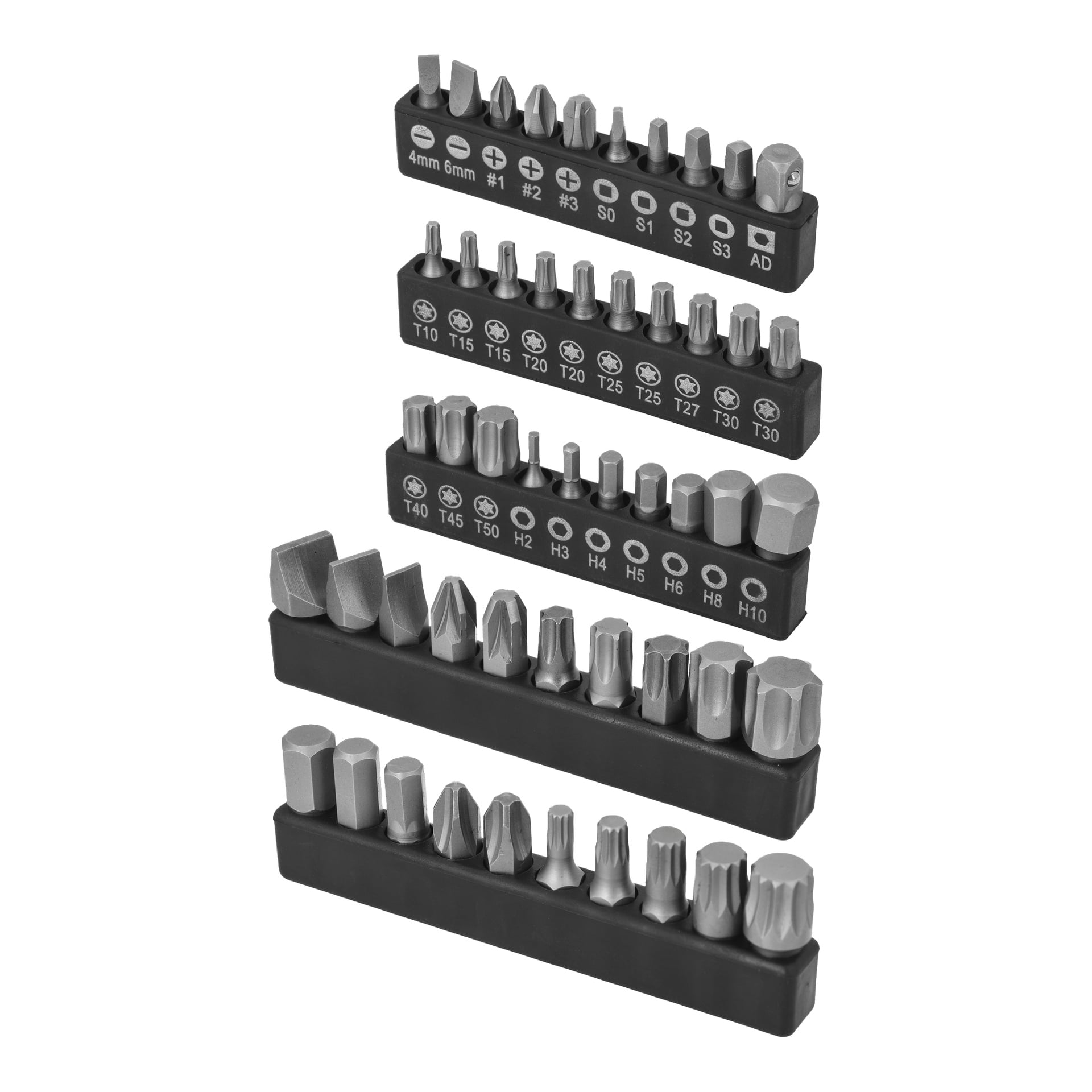 Meec Tools Socket Set med 110 deler har svarte holdere merket Phillips, sporet, sekskant, Torx og firkantede bits.