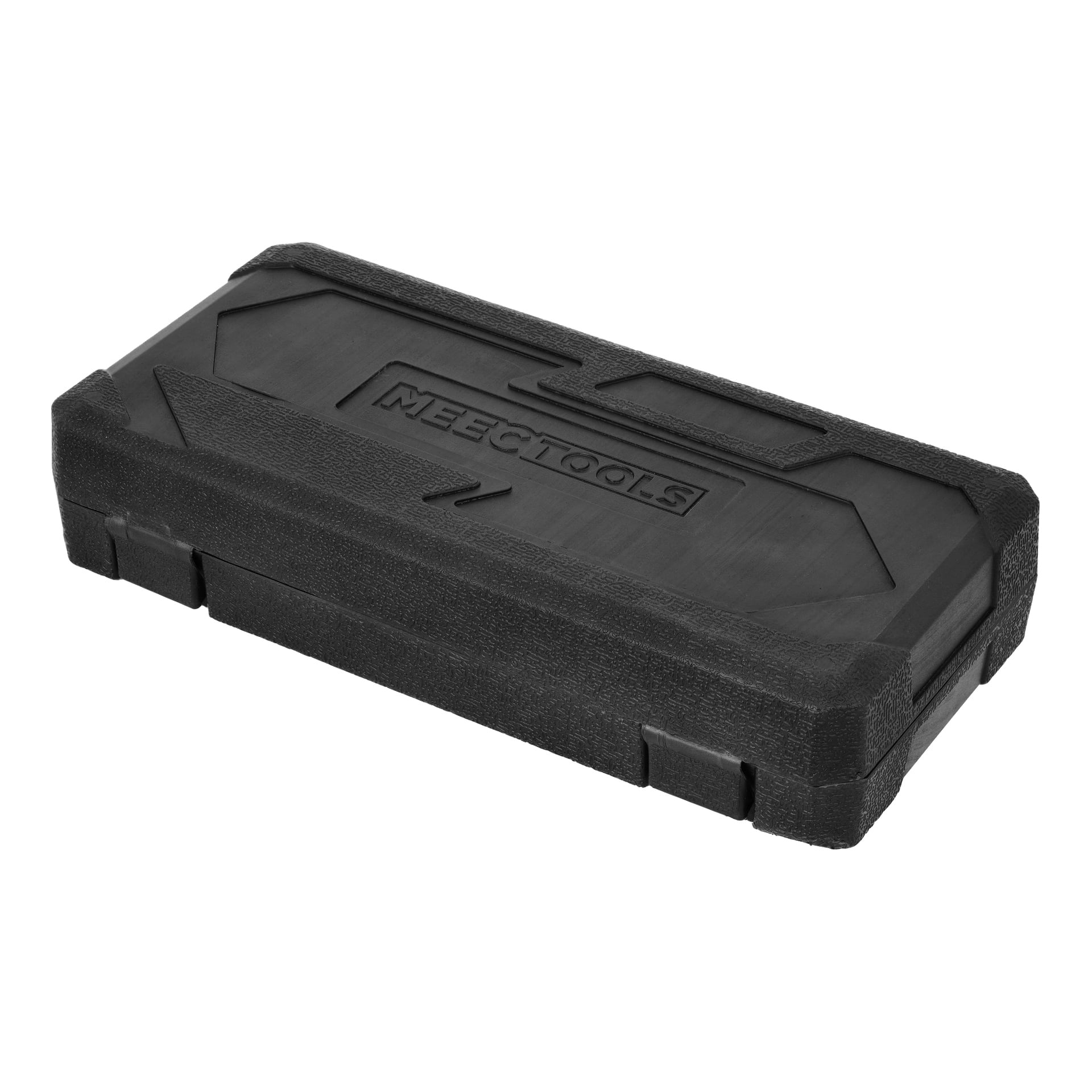 Ett svart, texturerat plastfodral med "Meec Tools" präglat på locket, förstärkta hörn och ett verktygskit med 22 delar inuti.