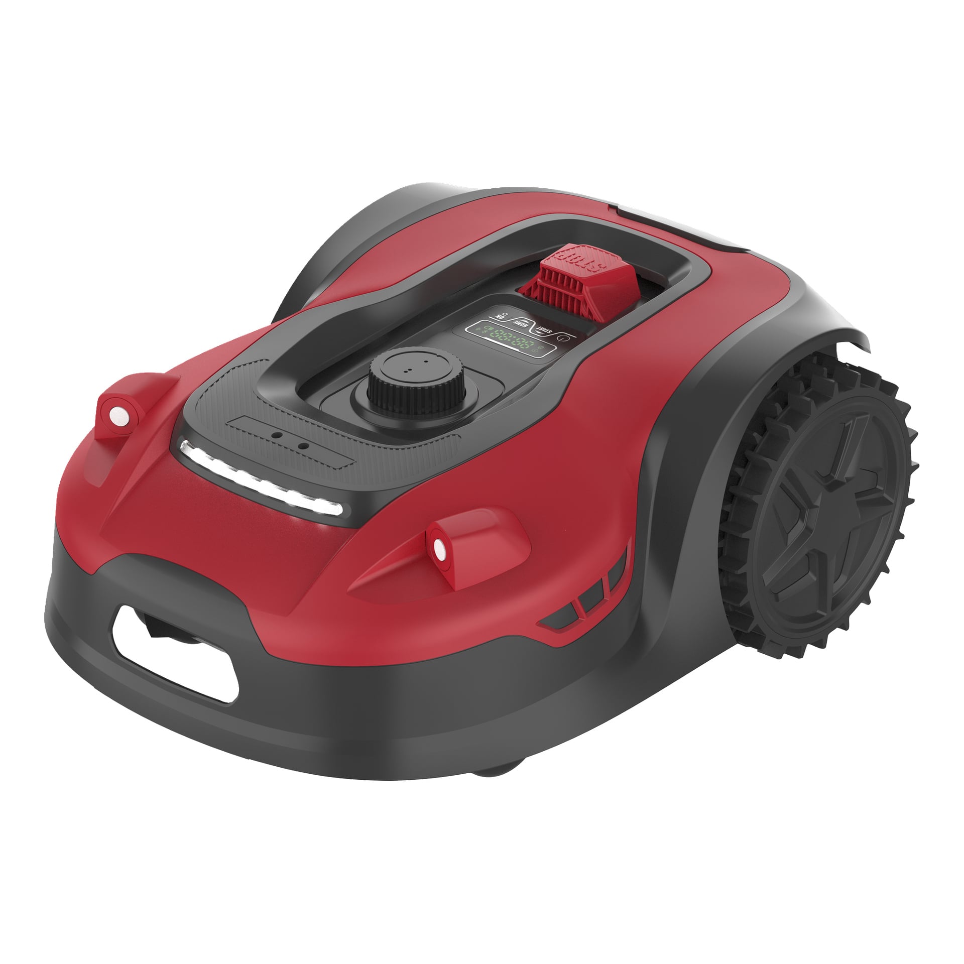 Meec Tools Robot gressklipperen i rødt og svart har store bakhjul, en sentral kontrollknapp, et håndtak og frontindikatorlys. Displayet viser "app-funksjoner."