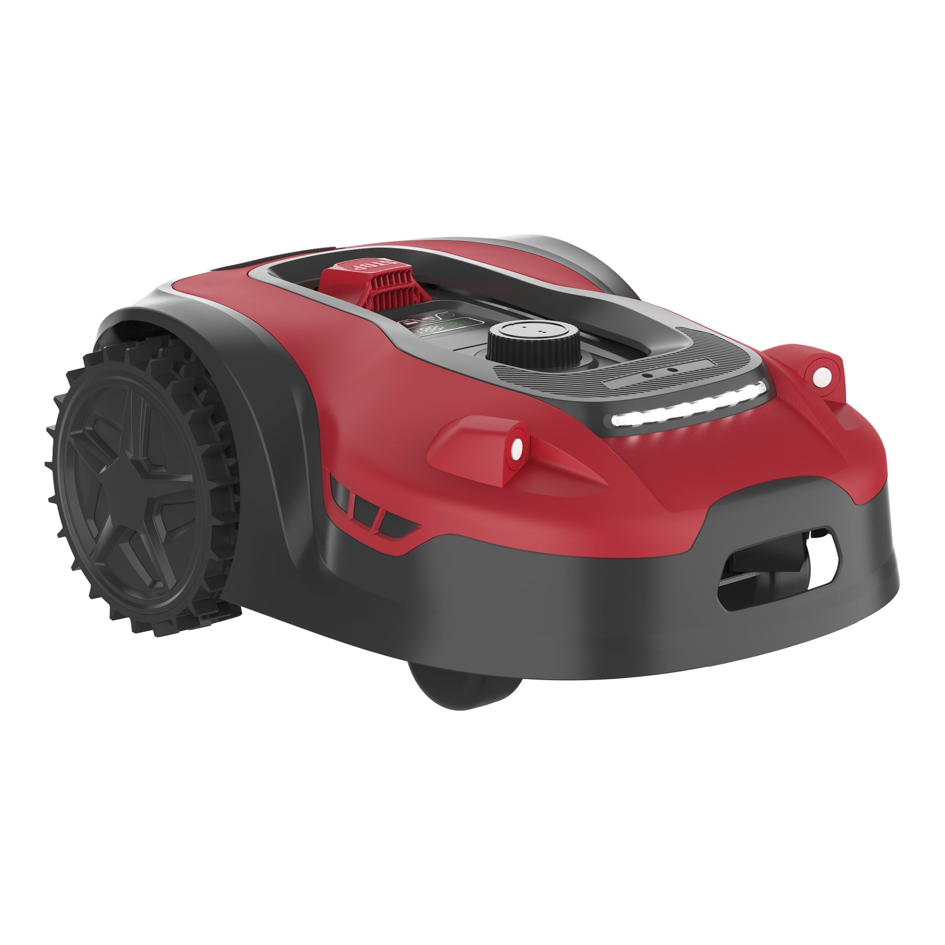 Meec Tools Robot gressklipper med app-funksjoner, vist med rødt og svart karosseri, store teksturerte felger og LED-lys foran.
