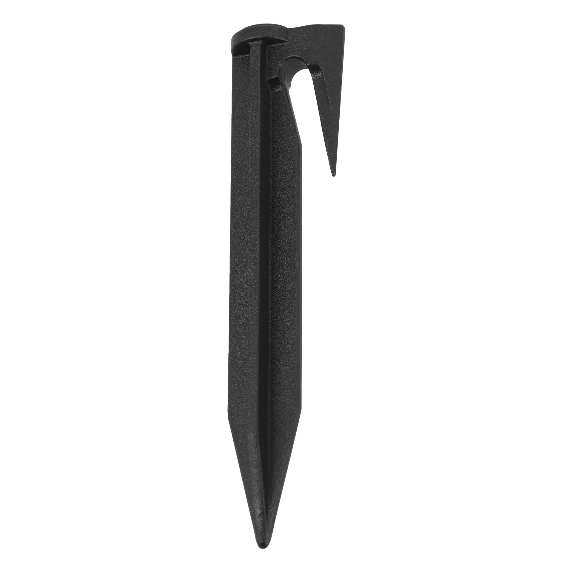 En svart plastjordstake med spiss ende for enkel innsetting og en krokete topp for å holde gjenstander på plass.