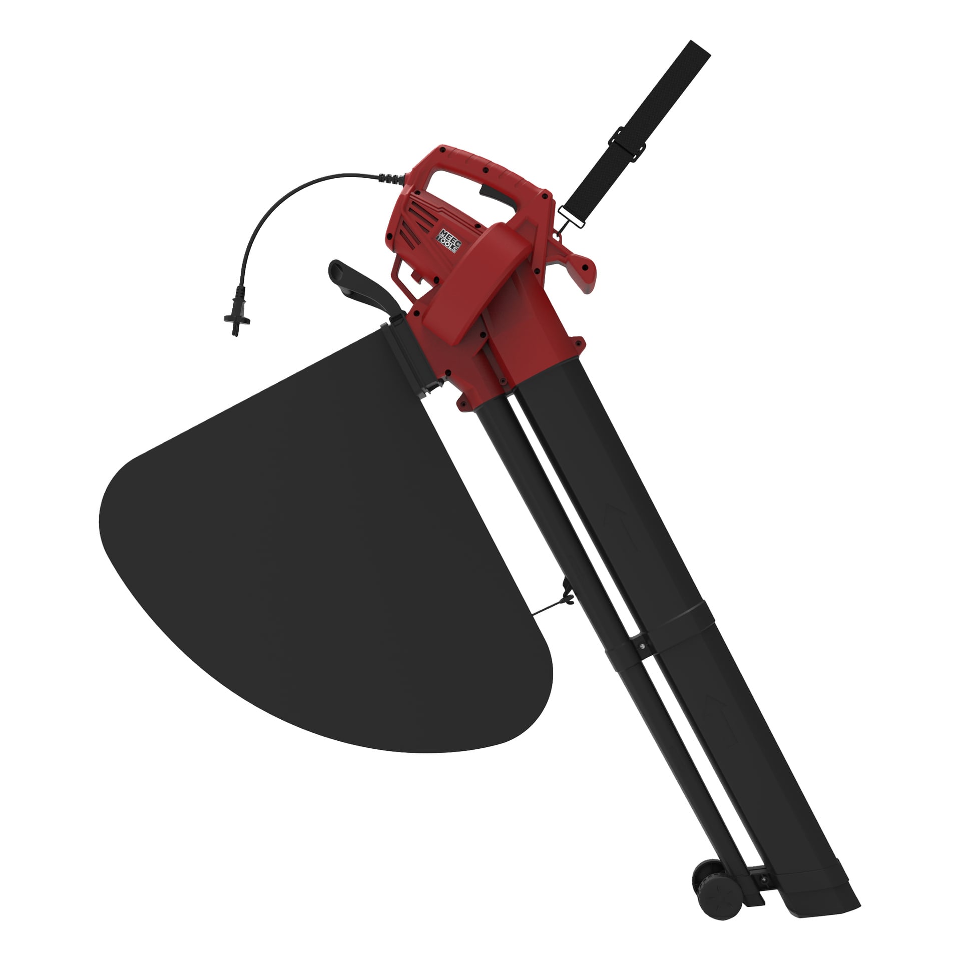 Röd och svart Meec Tools elektrisk lövblåsare/dammsugare med axelrem, strömkabel, långa rör, väska och två små stödhjul.