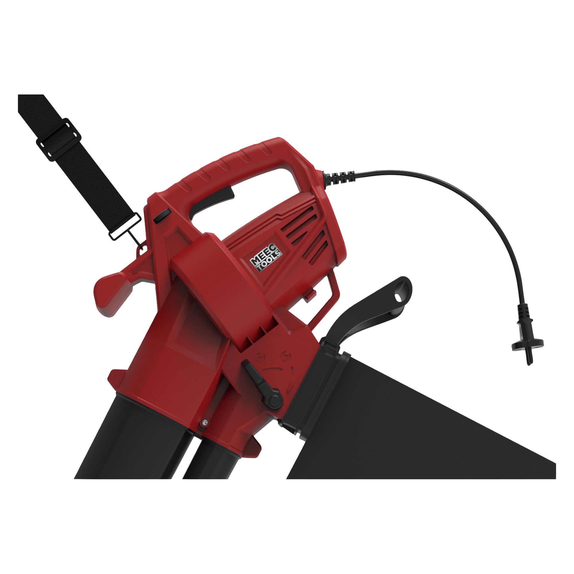 En närbild på en röd elektrisk lövblåsare/dammsugare från Meec Tools med svart rem och strömkabel.