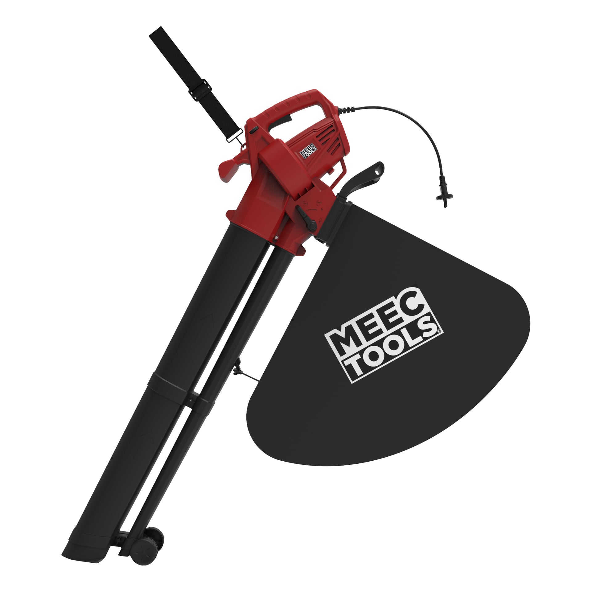 Röd och svart elektrisk lövblåsare/dammsugare från Meec Tools med uppsamlingspåse, handtag, strömkabel, hjul och axelrem.