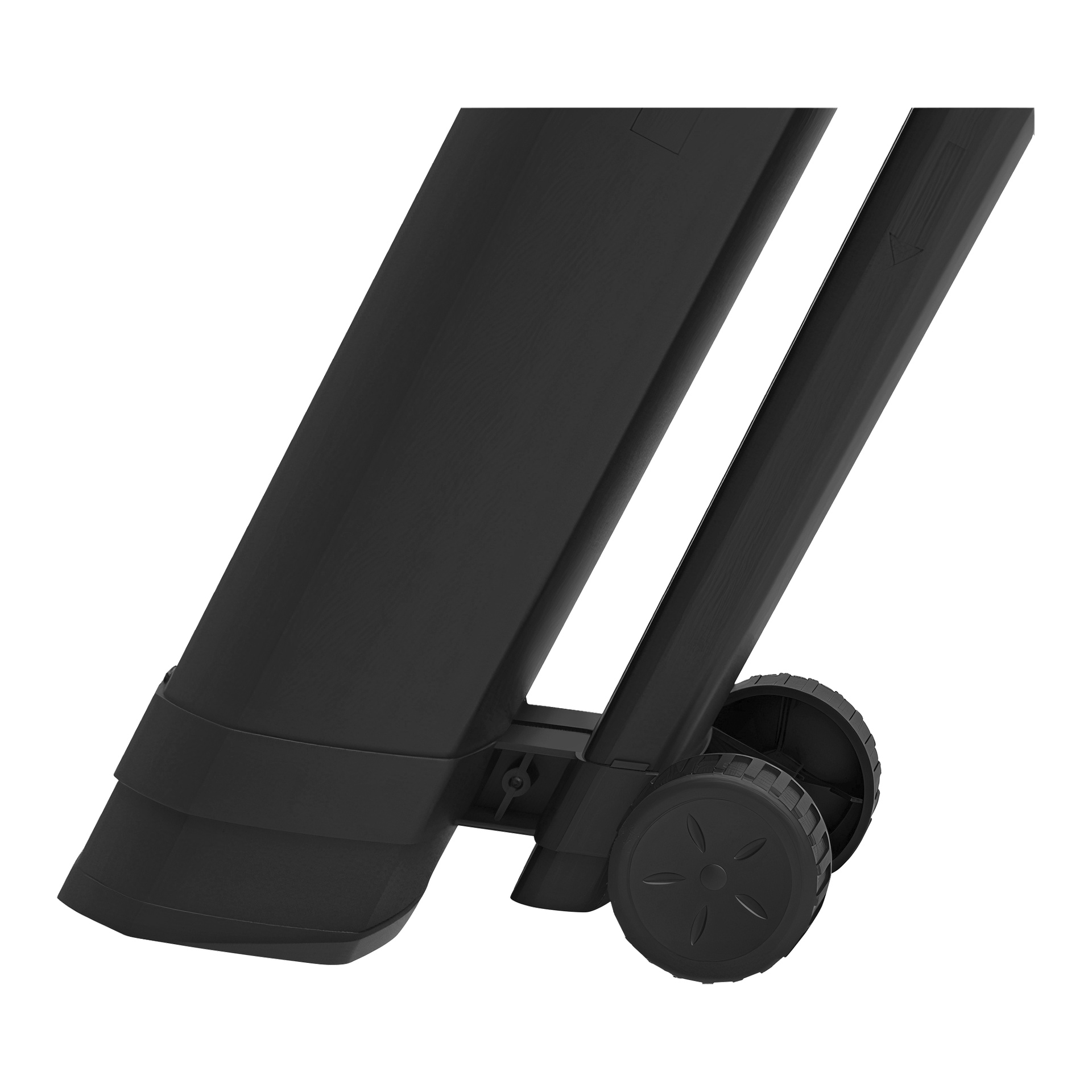 Detaljerad vy av den nedre delen av en elektrisk lövblåsare/dammsugare från Meec Tools, med framhävning av två hjul och den lutande ramen.