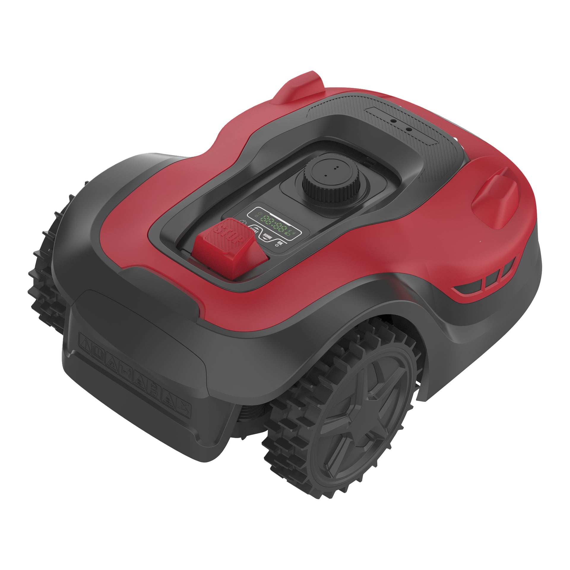 En rød og svart Meec Tools Robot gressklipper med app-funksjoner har store hjul med mønster, en kontrollskive og en digital skjerm på toppen.