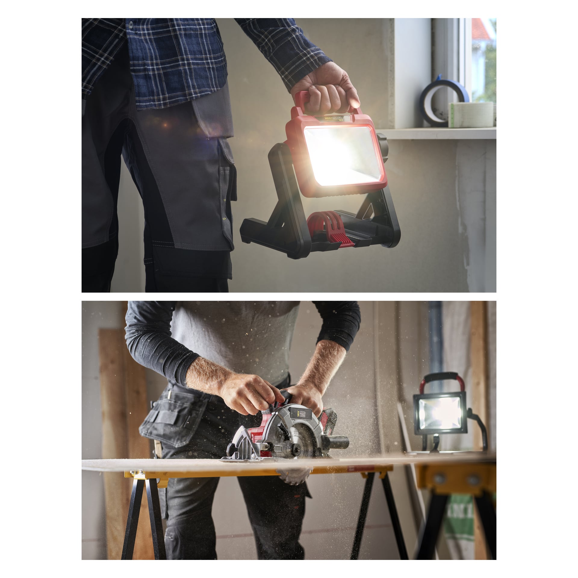 En person holder en Meec Tools Mega Pack LED-arbeidslampe; Nedenfor skinner lyset idet noen bruker en sirkelsag på tre.