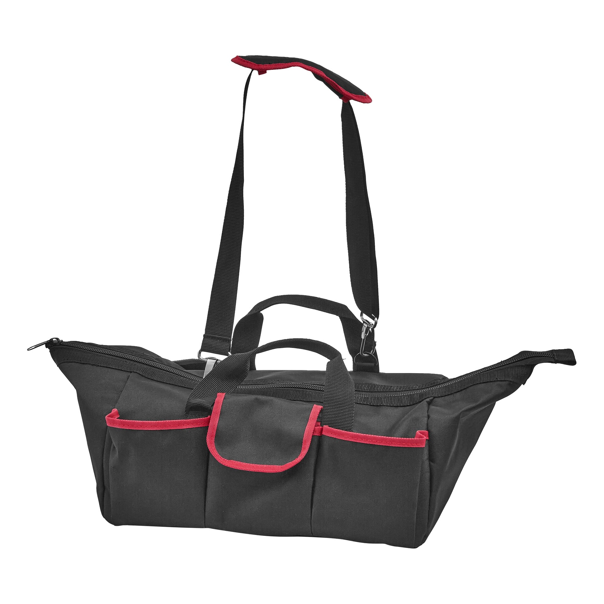 Meec Tools Multiseries Mega Pack 20 deler har en svart verktøyveske med rød kant, ytterlommer, håndtak og skulderstropp.
