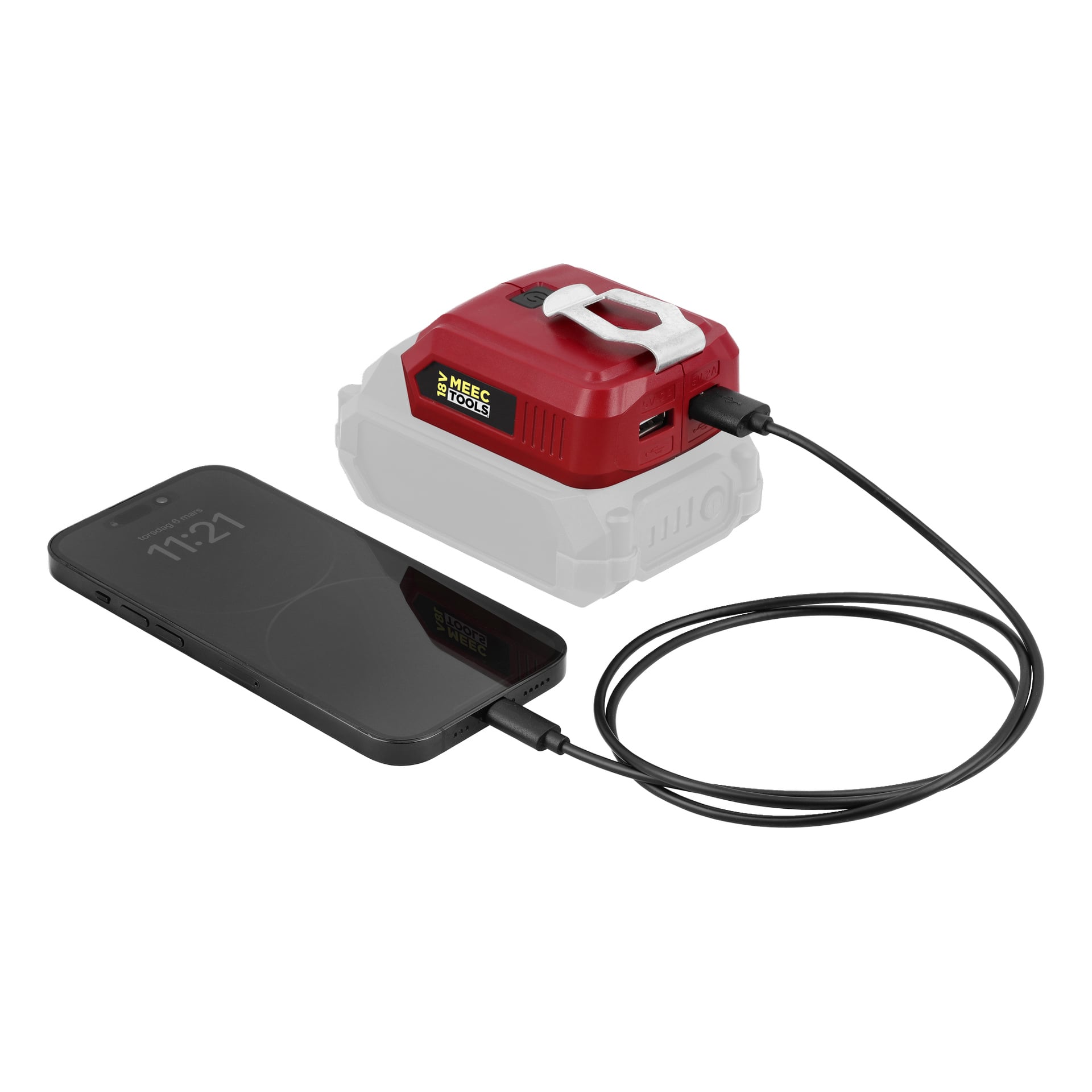 En svart telefon som viser 11:21 er USB-koblet til en rød og hvit Meec Tools 20-delt batteriadapter; En del av den grå pakken er synlig.