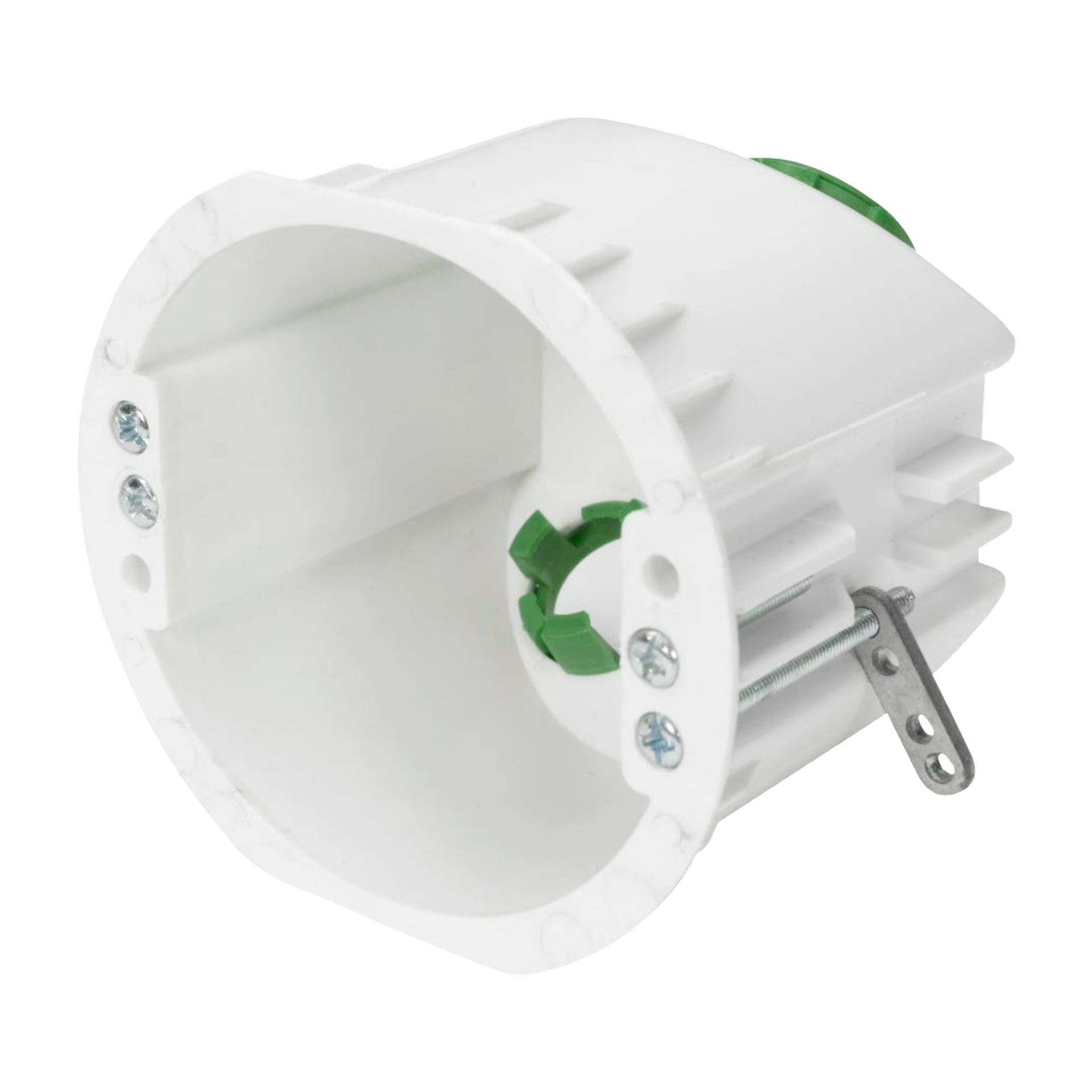 En vit cylindrisk elbox med gröna fästen och flera metallskruvar, med räfflade sidor och öppna ändar. Lämplig för montering i gipsskivor eller liknande material.