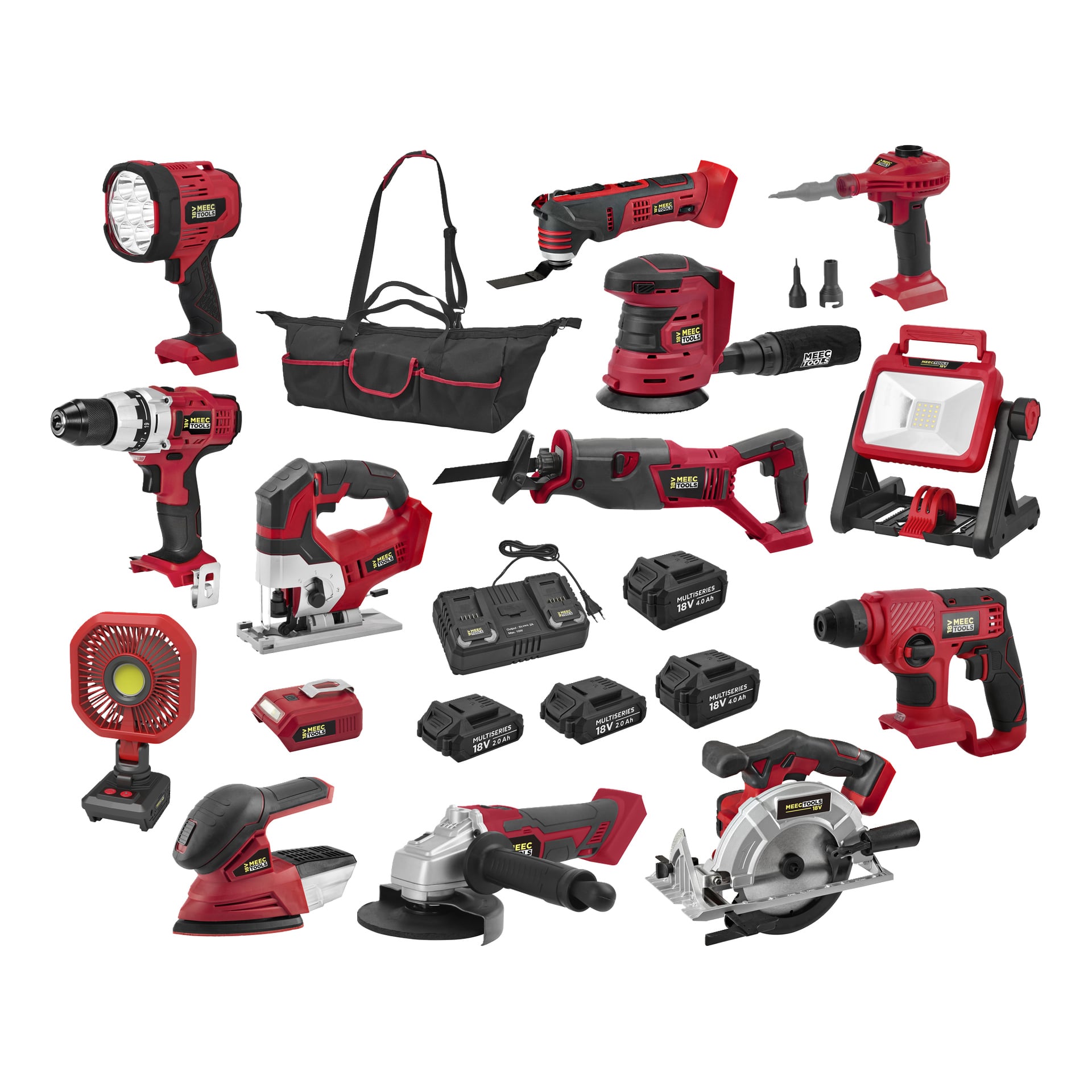 Meec Tools Multiseries Mega Pack inkluderer 20 trådløse røde og svarte verktøy, batterier, lader, tilbehør og en bærebag.