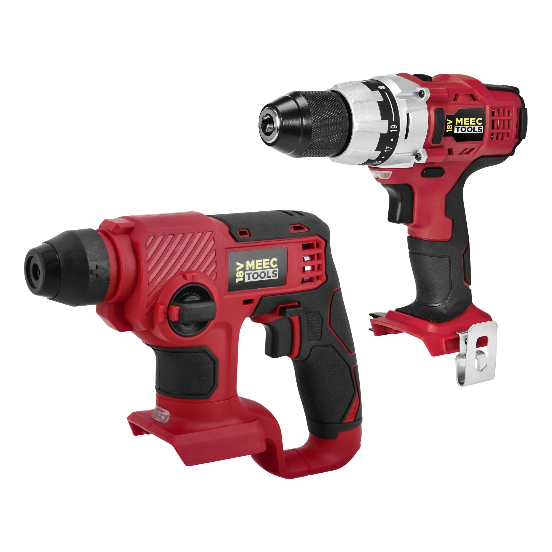 To røde og svarte Meec Tools Multiseries trådløse elektriske verktøy fra den 20-delte Mega Pack vises side om side.