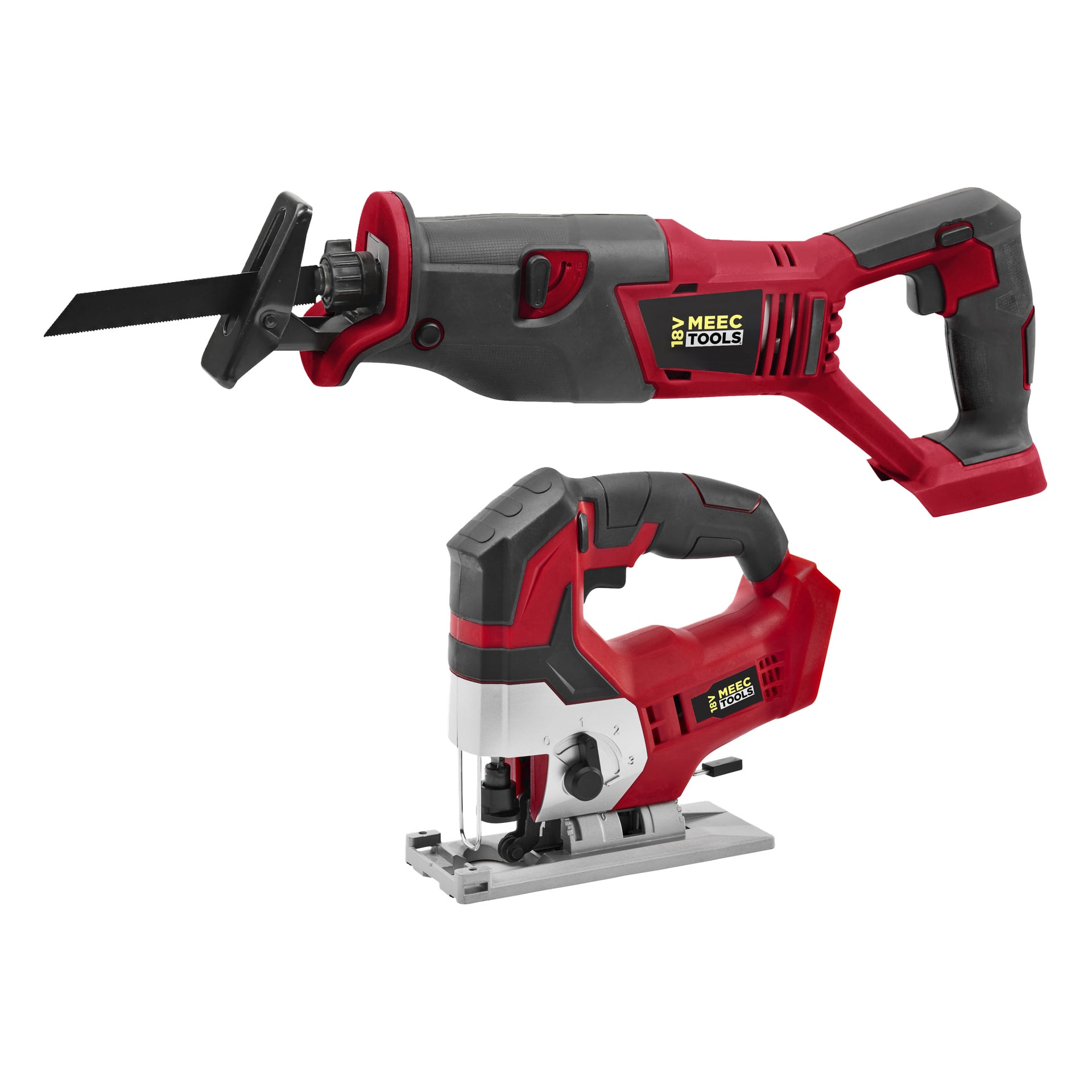 To Meec Tools Multiseries-sager—en bajonsagsag over og en stikksag under—har røde/svarte design og klar merkevarebygging.