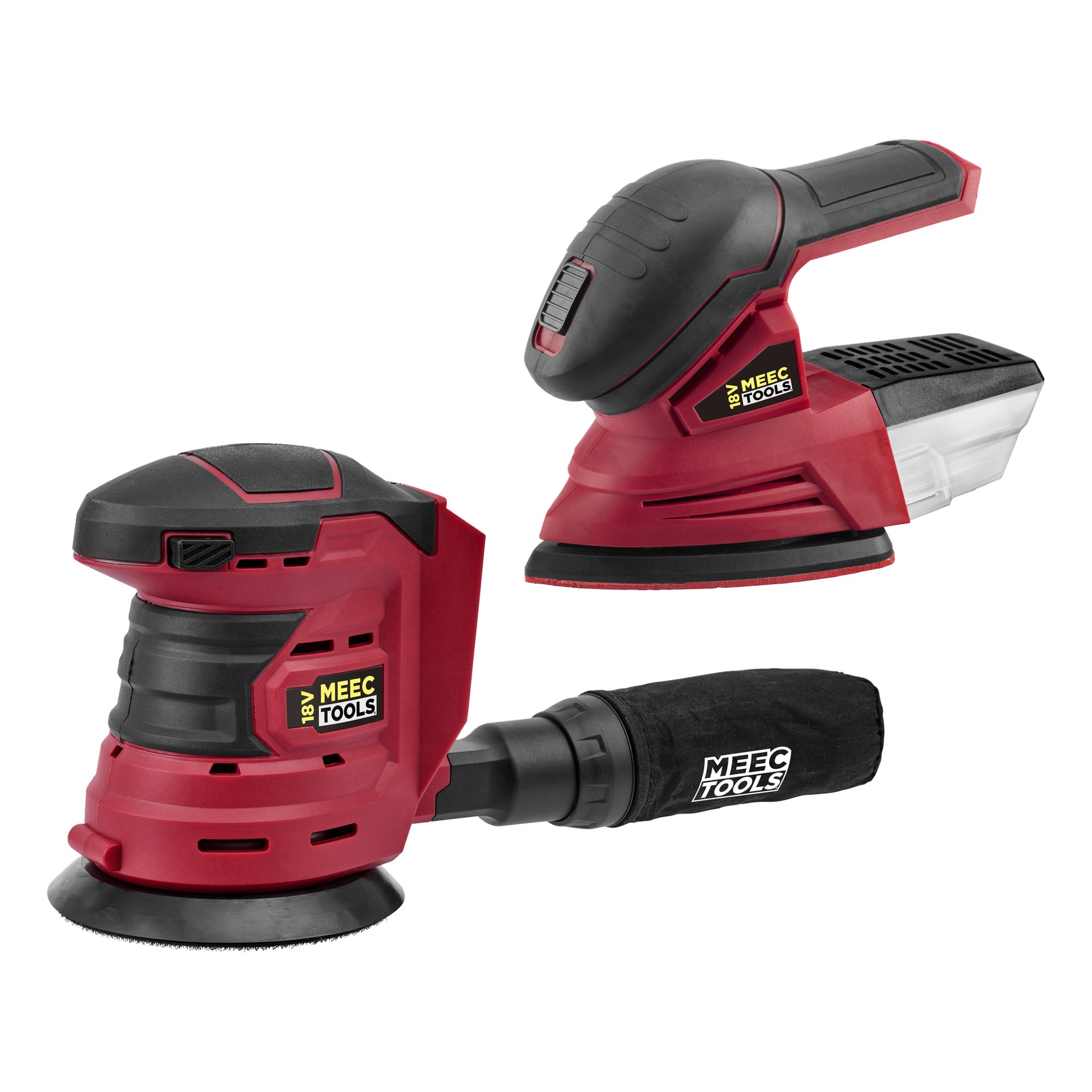 Par Meec Tools Multiseries Mega Pack slipemaskiner: en med støvpose, en med innebygd beholder. Begge viser merkevarelogoen.