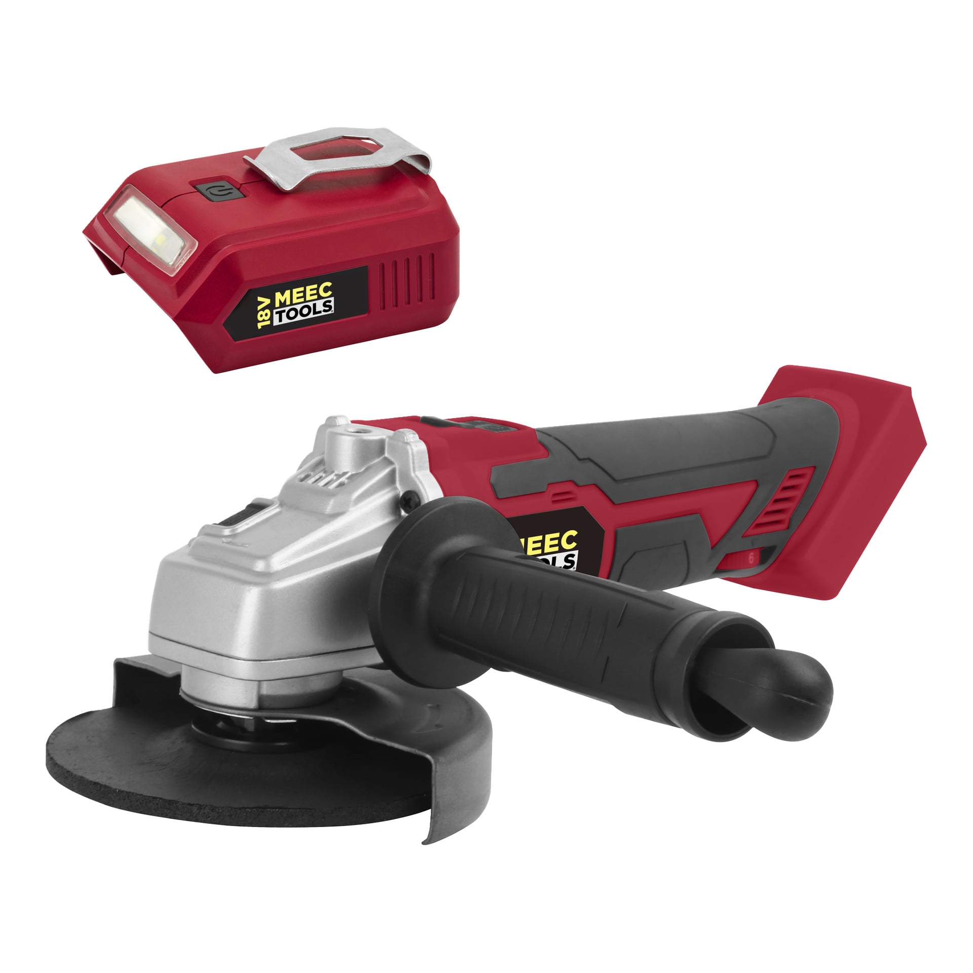 En rød og svart trådløs vinkelsliper med sidehåndtak og skive, ved siden av et "Meec Tools Multiseries"-batteri fra en 20-delt Mega Pack.