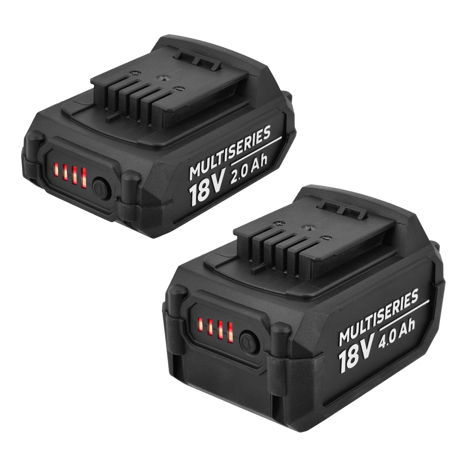To svarte Meec Tools Multiseries 18V-batterier, 2,0 Ah og 4,0 Ah, begge med røde indikatorlys og matchende design.