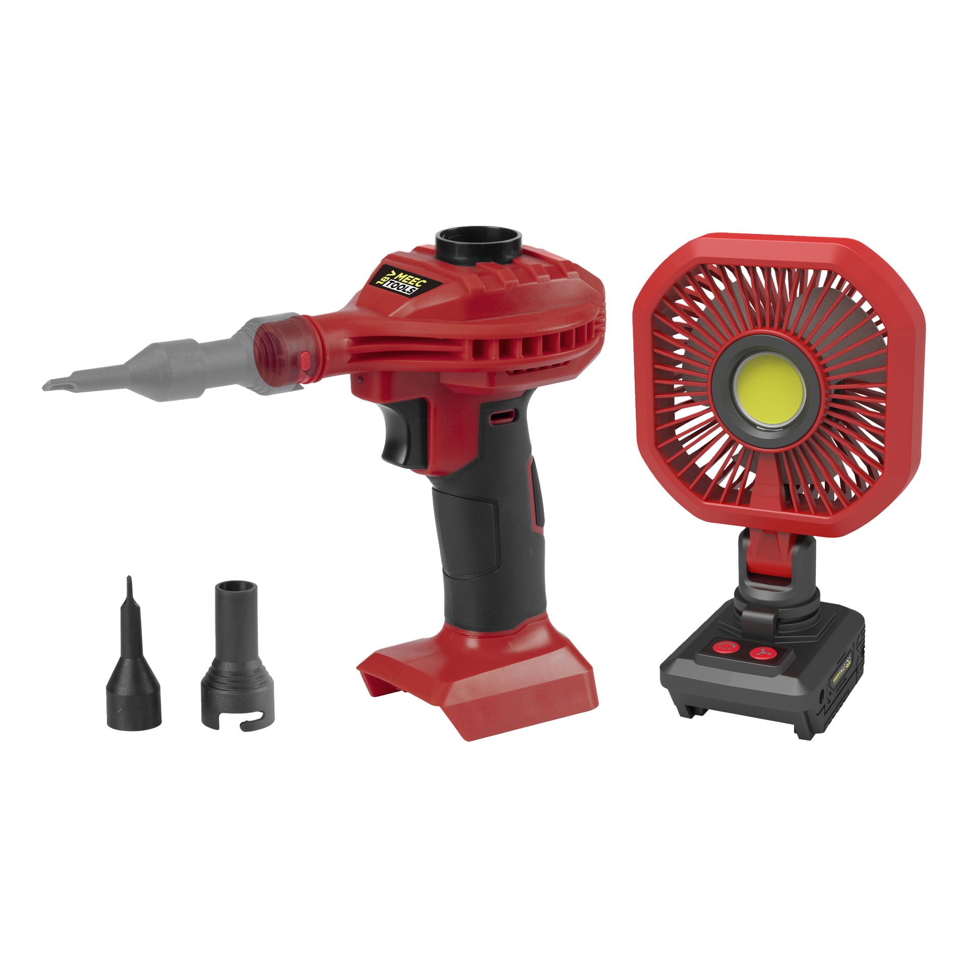 En 20-delt Meec Tools Mega Pack med rød og svart trådløs luftpumpe og matchende bærbar vifte, begge med batteribaser.