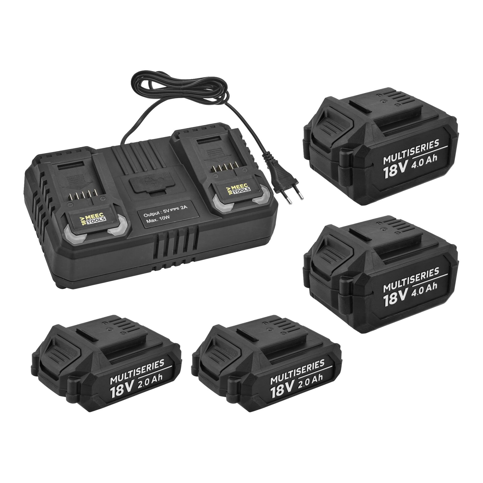 Meec Tools Multiseries MEGA PACK (20 pc) har en dobbel batterilader, strømkabel og fire 18V-batterier (2x2,0 Ah, 2x4,0 Ah).