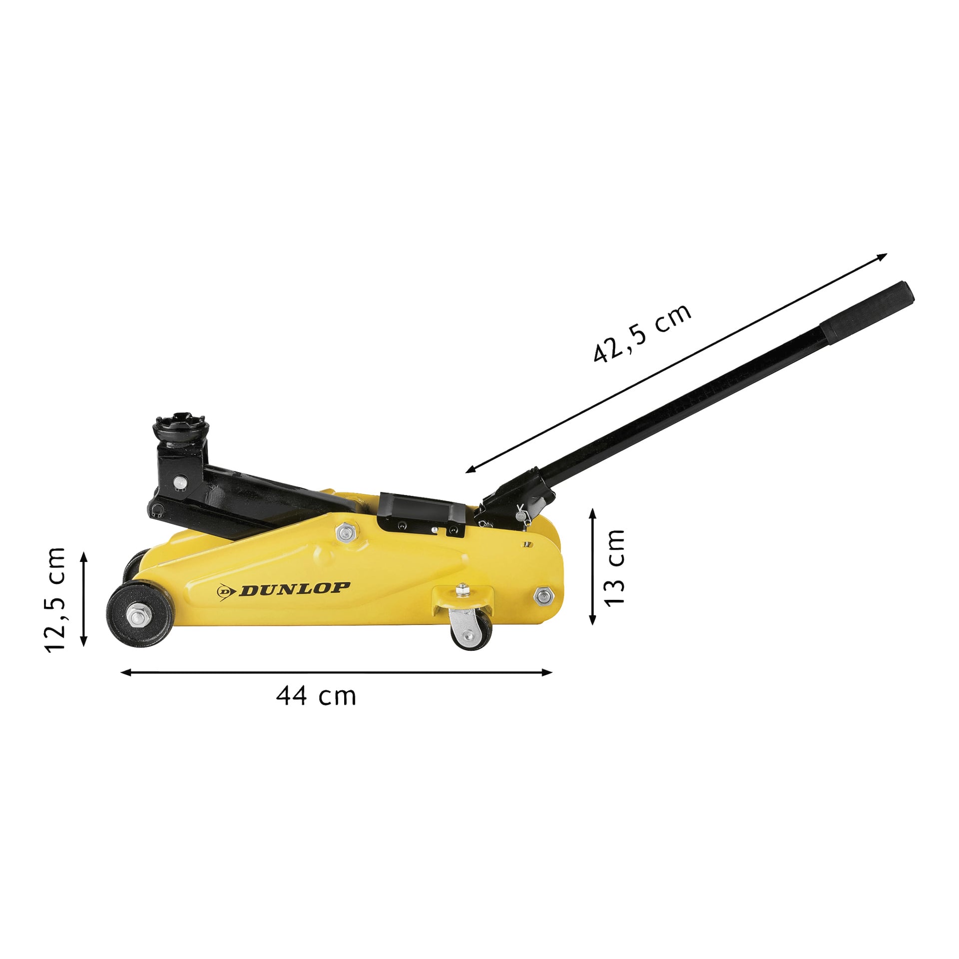 Gul Dunlop hydraulisk gulvjekk med tre hjul og svart håndtak, 44 cm lang, 12,5 cm høy, med 13 cm sokkelhøyde og et 42,5 cm langt håndtak.