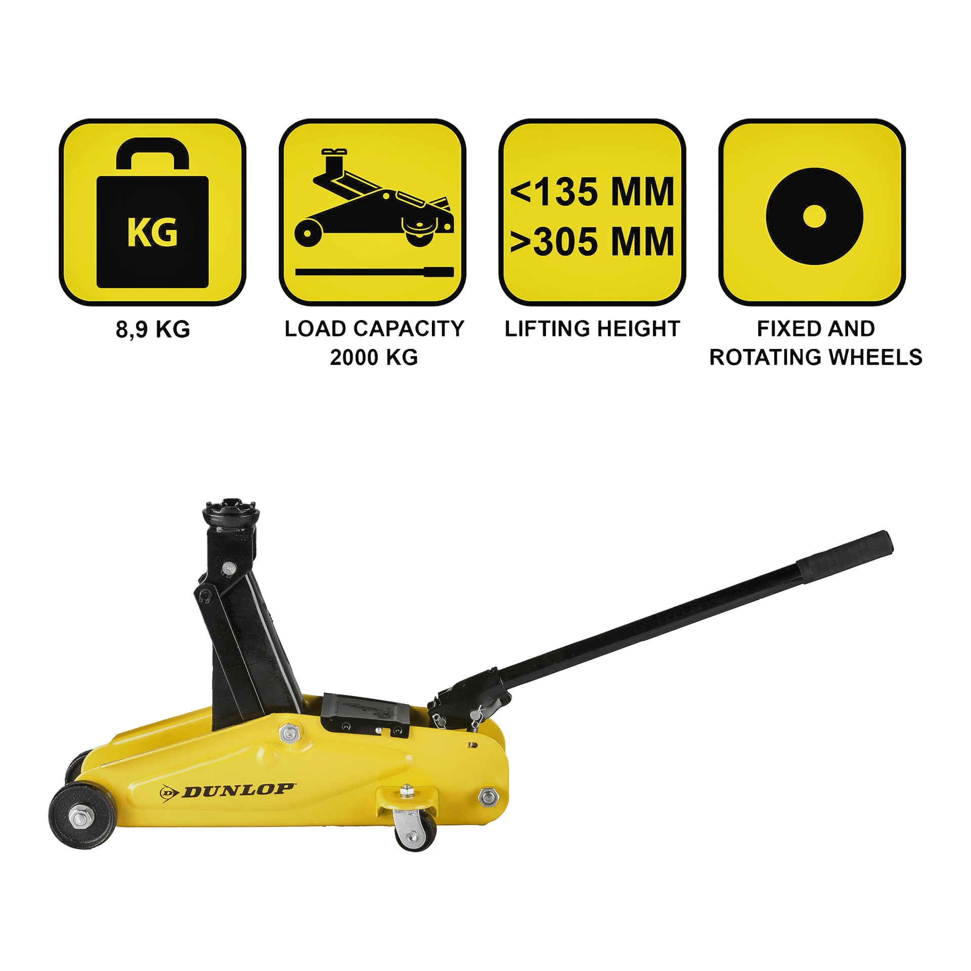 En gul Dunlop biljekk med svart håndtak. Tekst over: vekt 8,9 kg, lastekapasitet 2000 kg, løftehøyde 135-305 mm, med faste og dreibare hjulikoner.