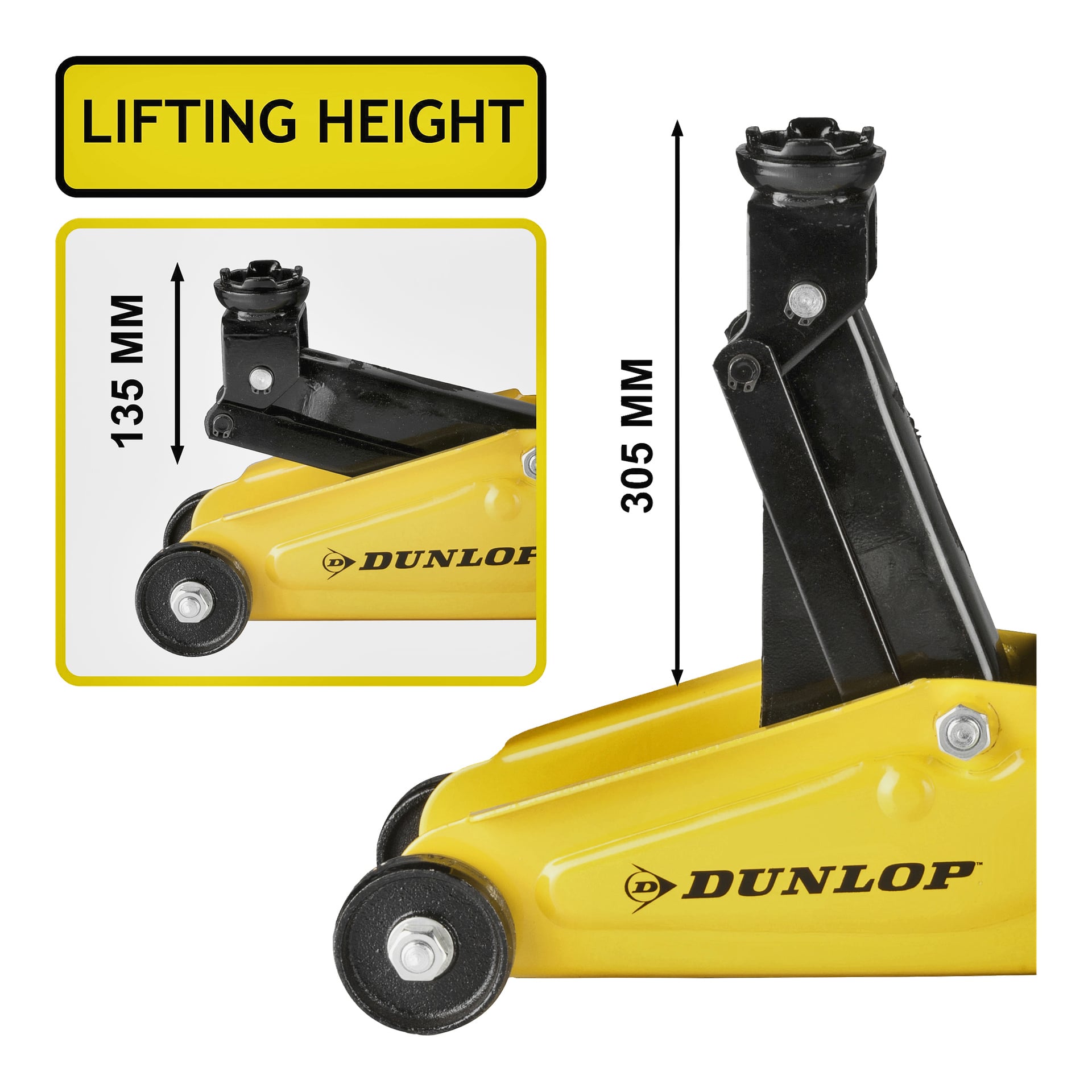 En gul Dunlop hydraulisk jekk vises, og viser et løftehøydeområde fra 135 mm (lavest) til 305 mm (høyest). "LØFTEHØYDE" vises i en gul boks øverst til venstre.